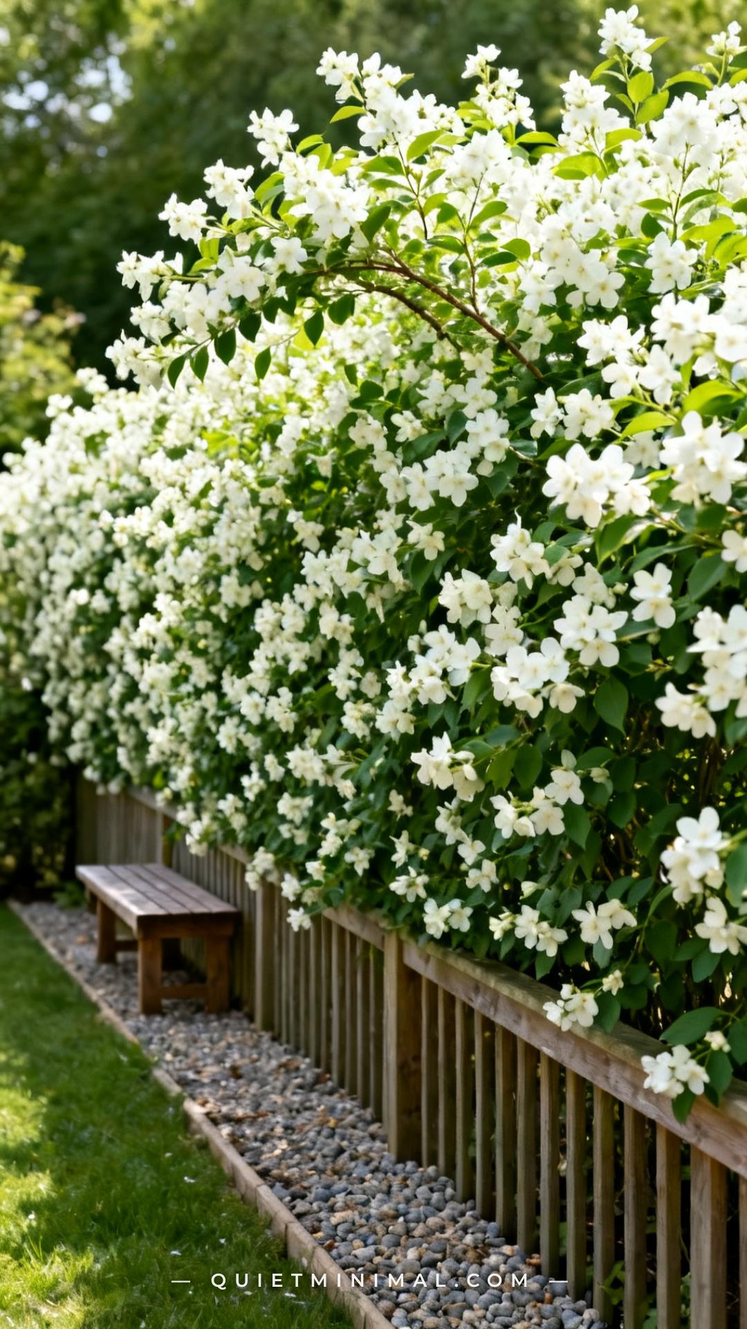 A medium-wide vertical photograph captures a lush garden border featuring a row of Sweet Mock Orange shrubs in full whit
