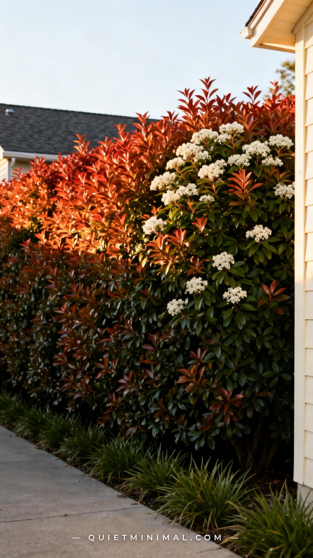 An establishing wide-angle photograph captures a residential garden boundary where a dense Photinia 'Red Robin' hedge cr