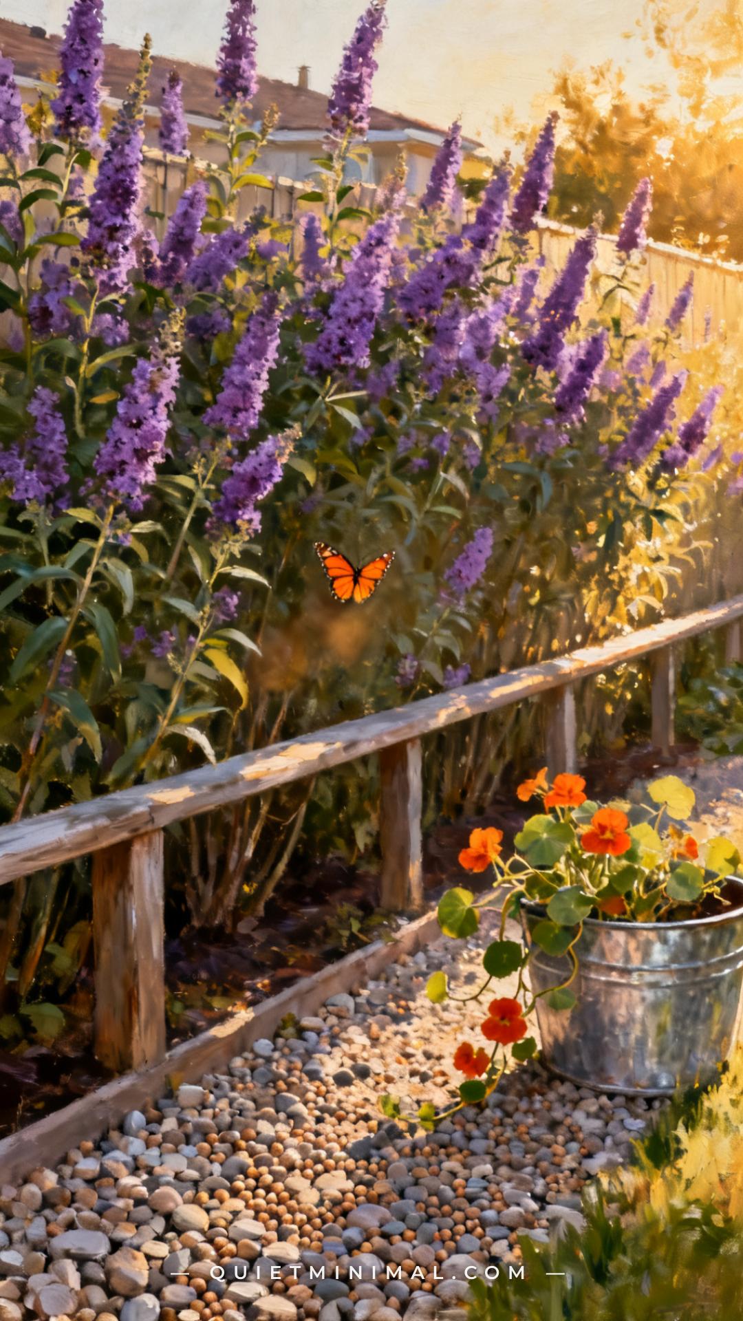 A wide vertical photograph establishes a sunny garden border where a row of Butterfly Bush shrubs stands in full late-su