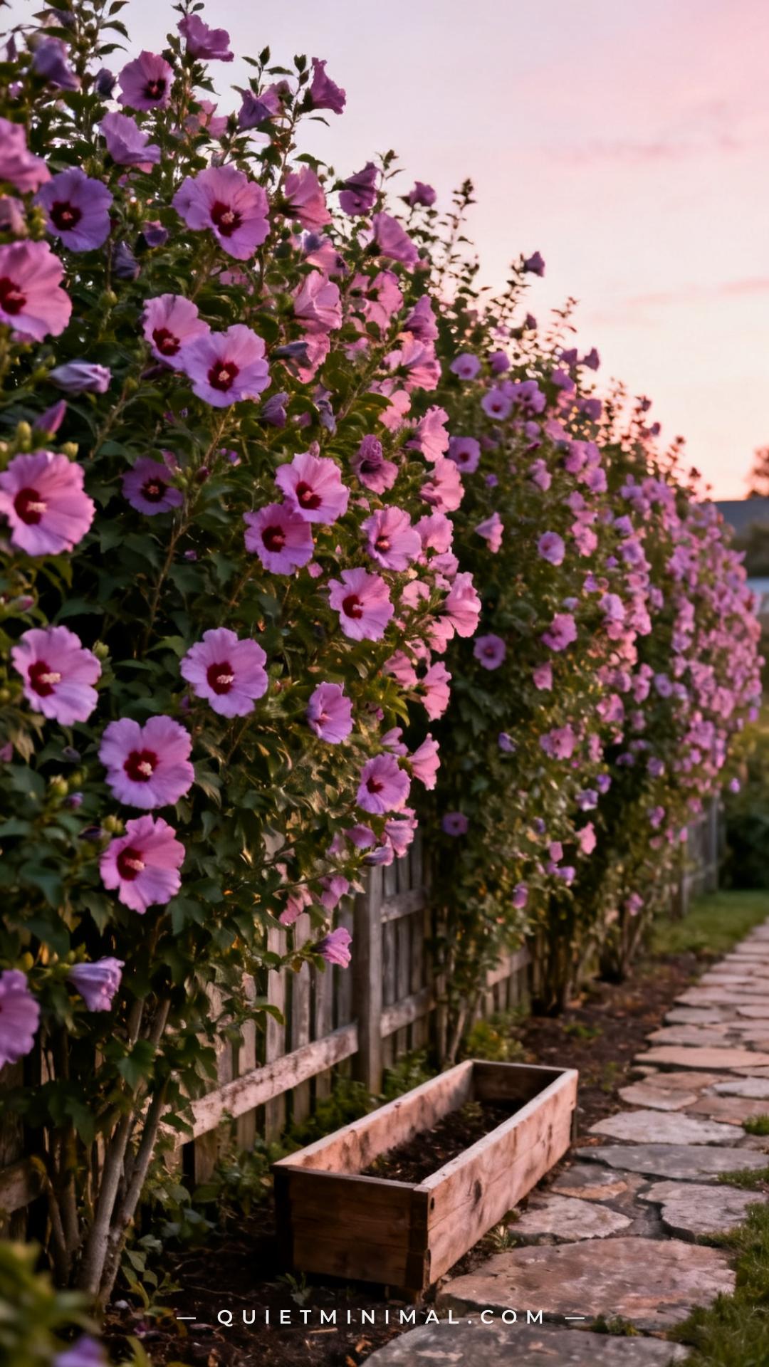 A wide garden photograph captures a full row of Rose of Sharon shrubs at peak bloom in late summer