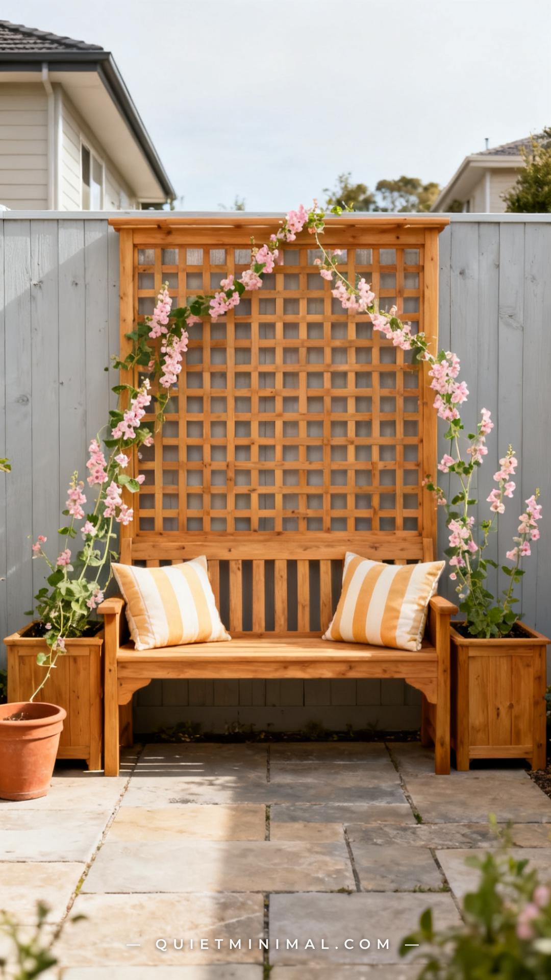A wide-angle vertical photograph of a classic cedar garden bench with a square lattice trellis panel forming the full ba