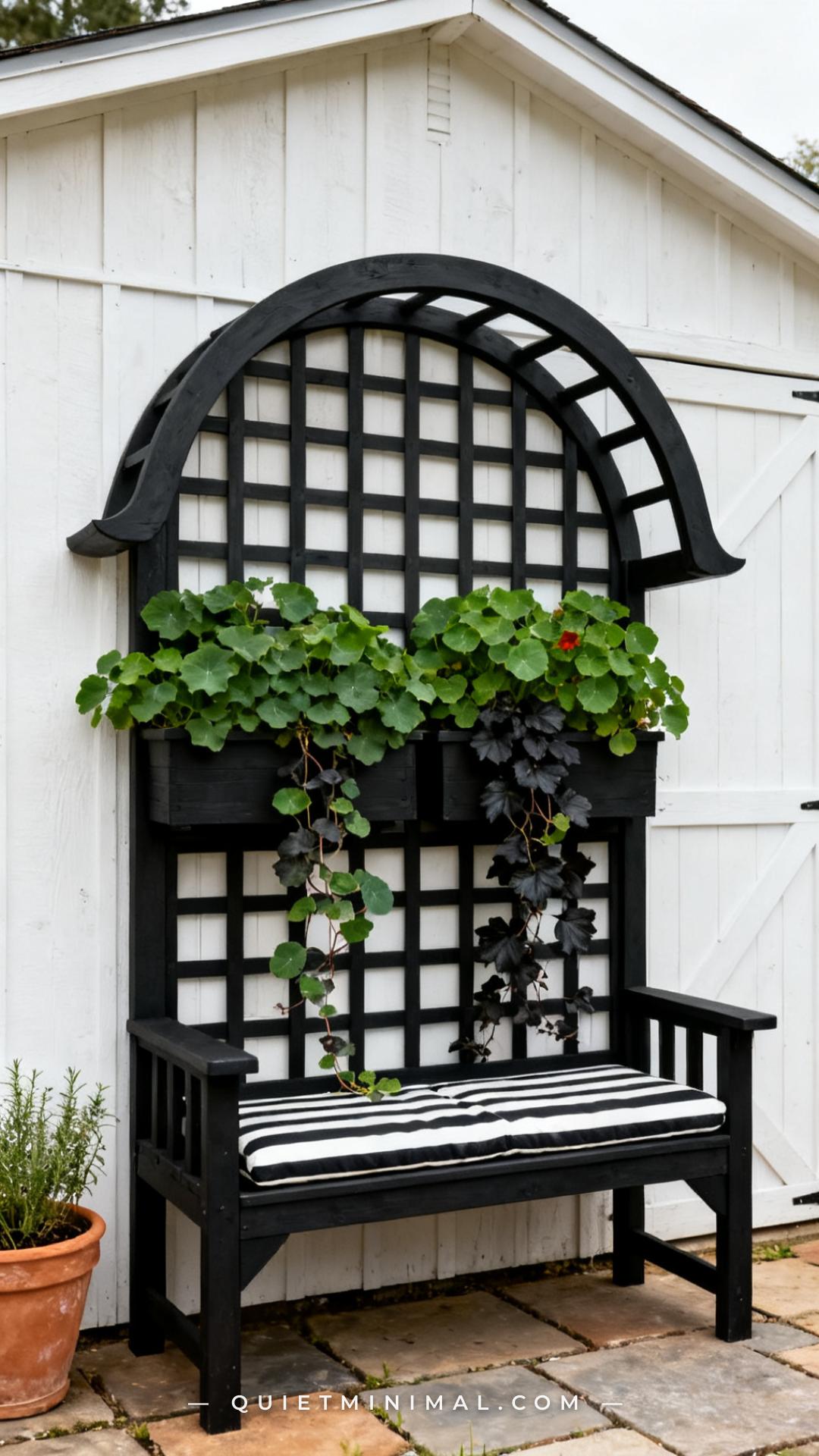 A vertical photograph establishes a painted black wooden garden bench with a distinctive arched trellis panel — the top