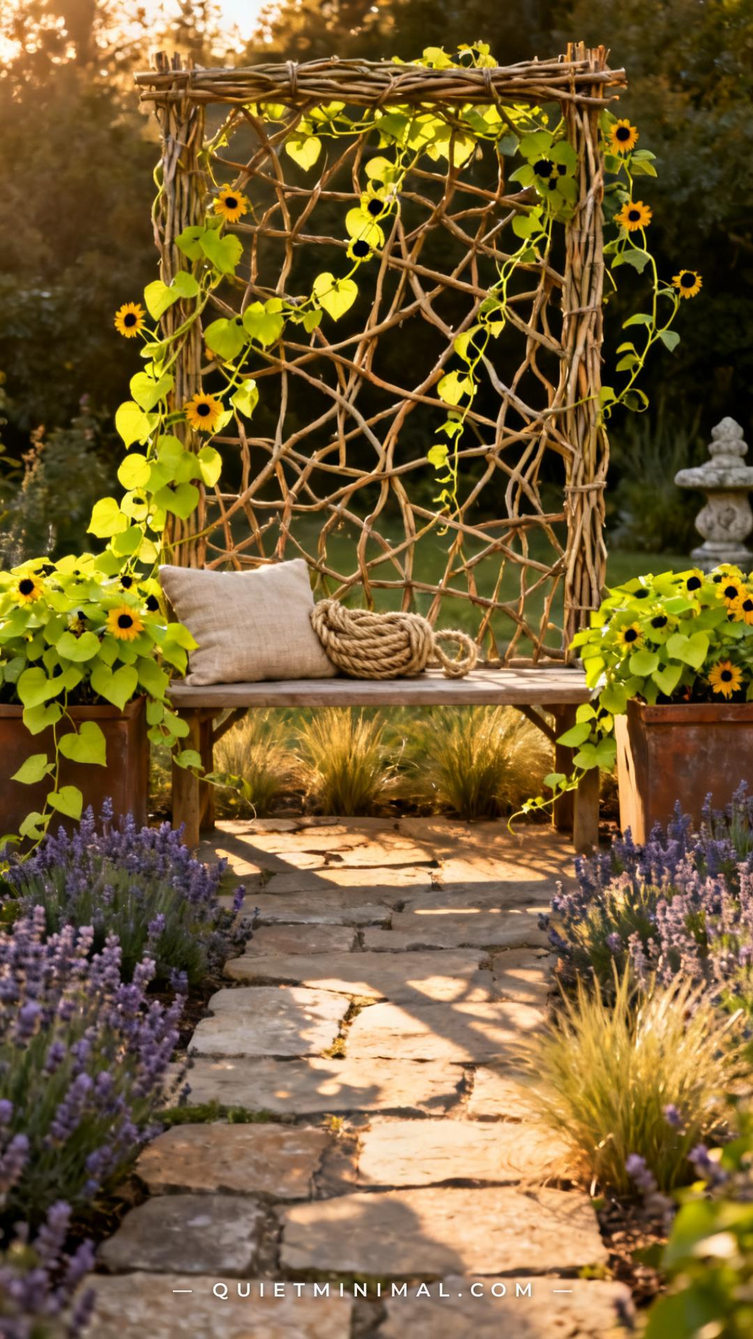 A vertical establishing photograph of an outdoor garden bench with a natural woven willow trellis back — irregular