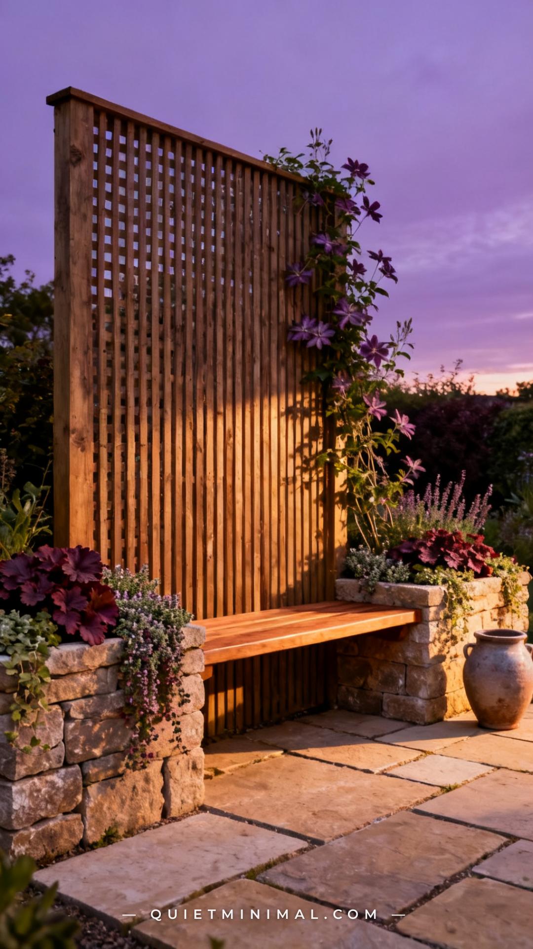 A wide vertical photograph establishes a built-in garden bench where the seat is formed from a smooth hardwood plank spa