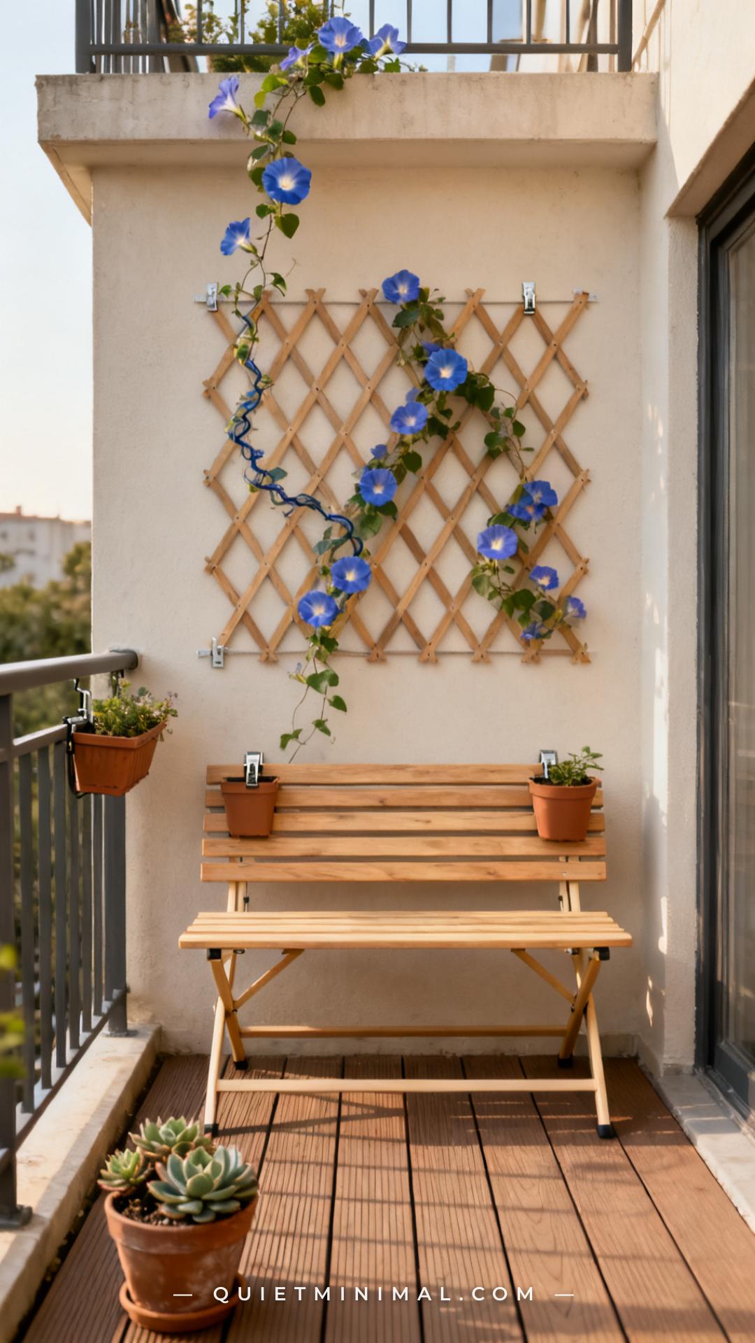 A vertical photograph establishes a foldable outdoor garden bench — slim natural wood slats