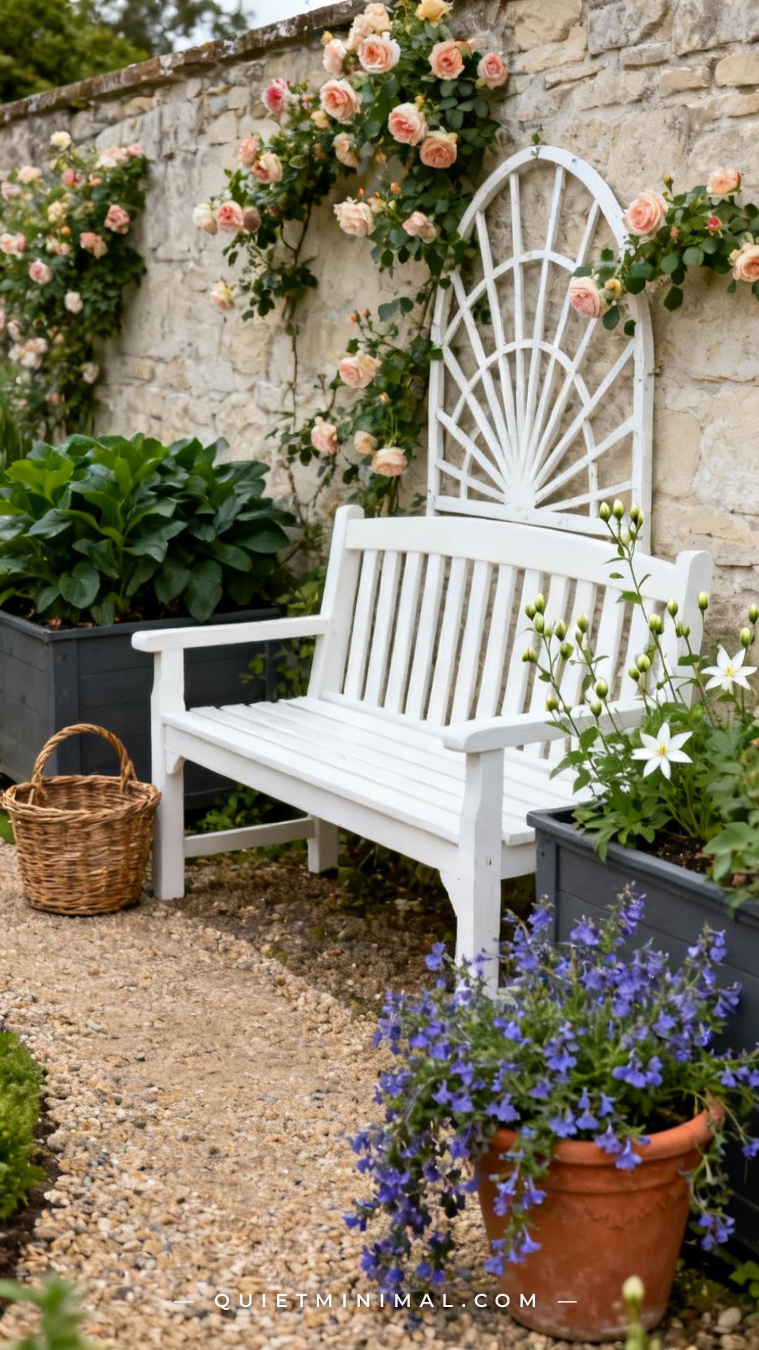 A vertical establishing shot of a white-painted wooden garden bench with a distinctive fan-shaped trellis rising from th