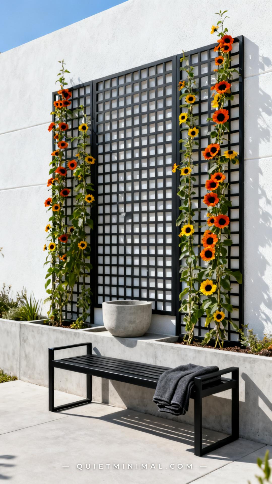 A wide vertical photograph of a modern black powder-coated steel garden bench with a geometric trellis back panel — squa