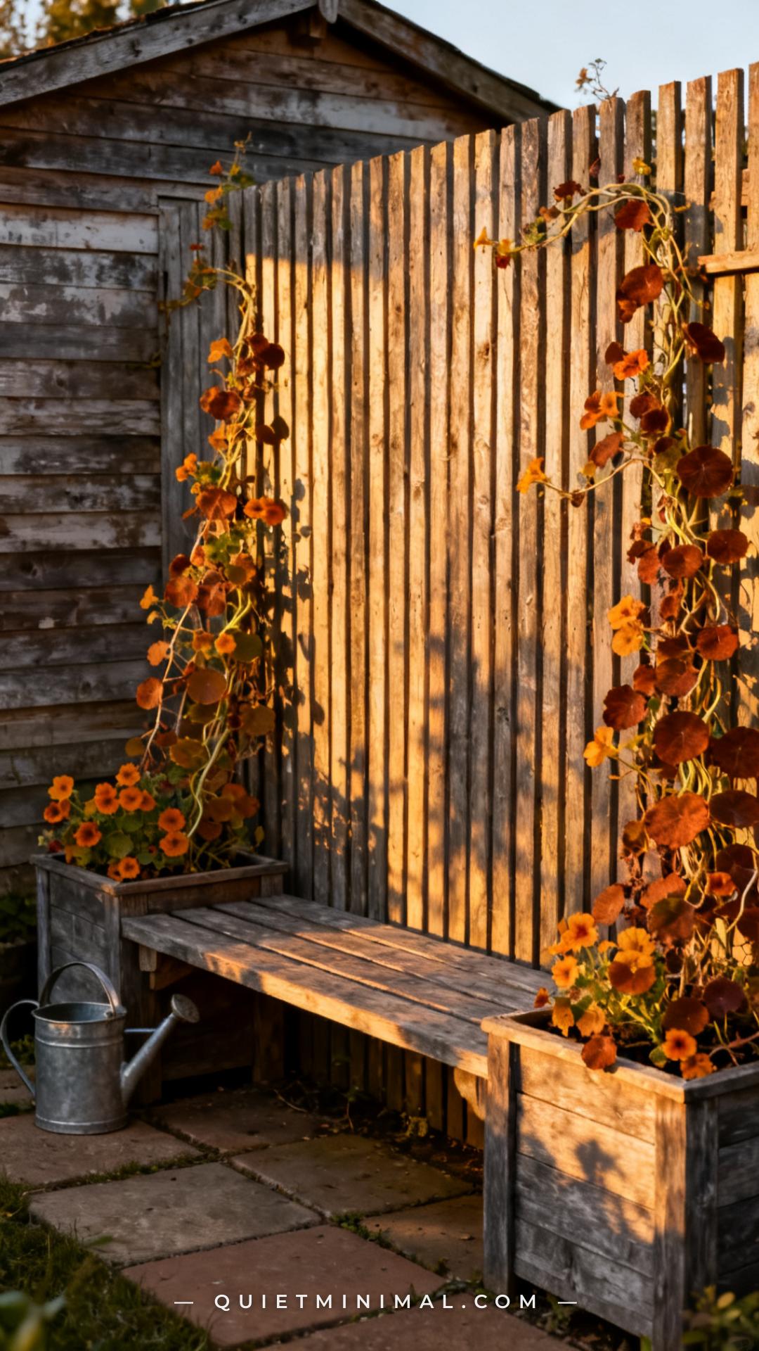 A vertical photograph establishes a rustic garden corner with a wide bench built from reclaimed grey-brown timber