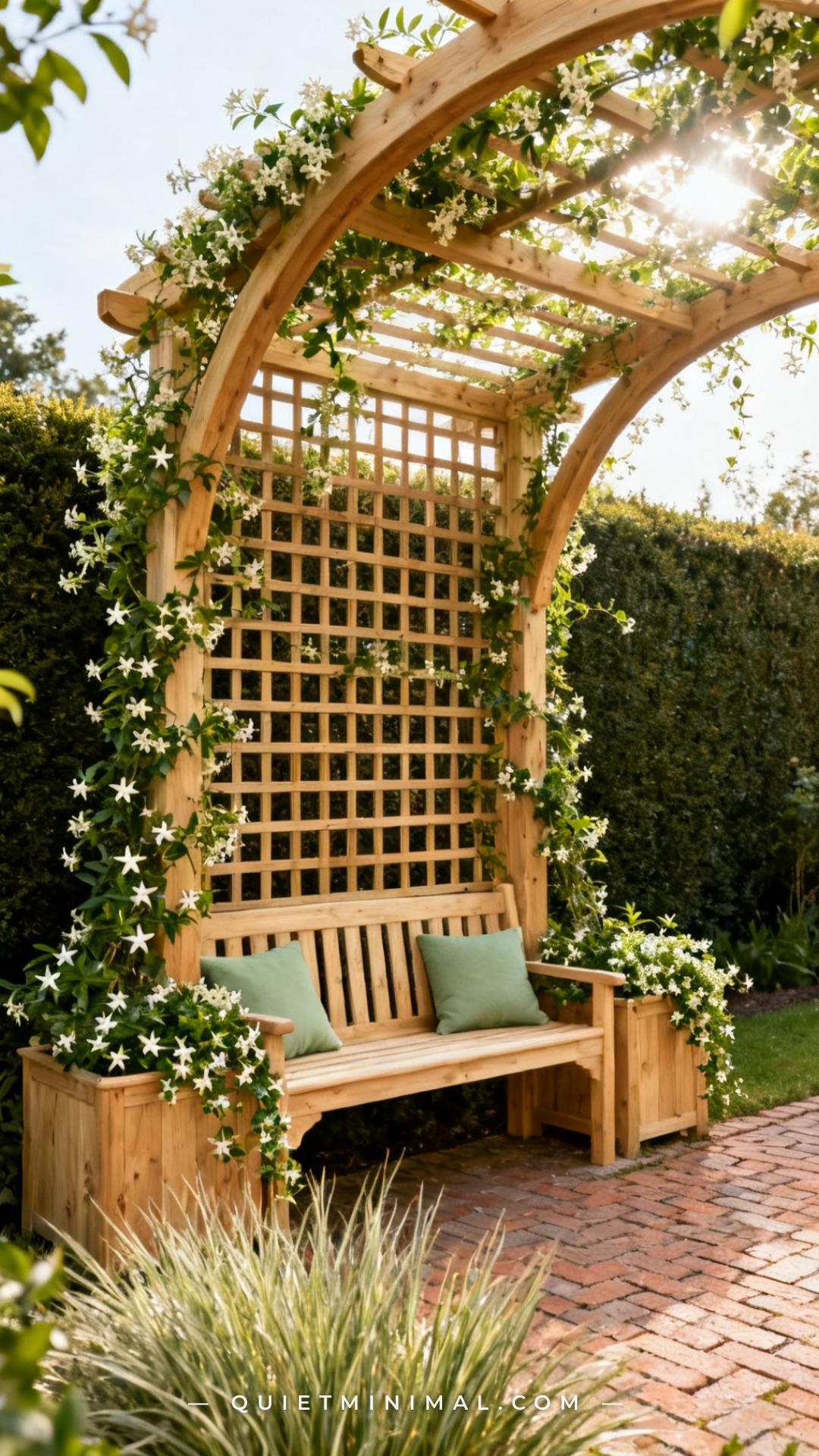 A wide establishing photograph of an outdoor garden bench where the trellis back extends upward and then curves forward