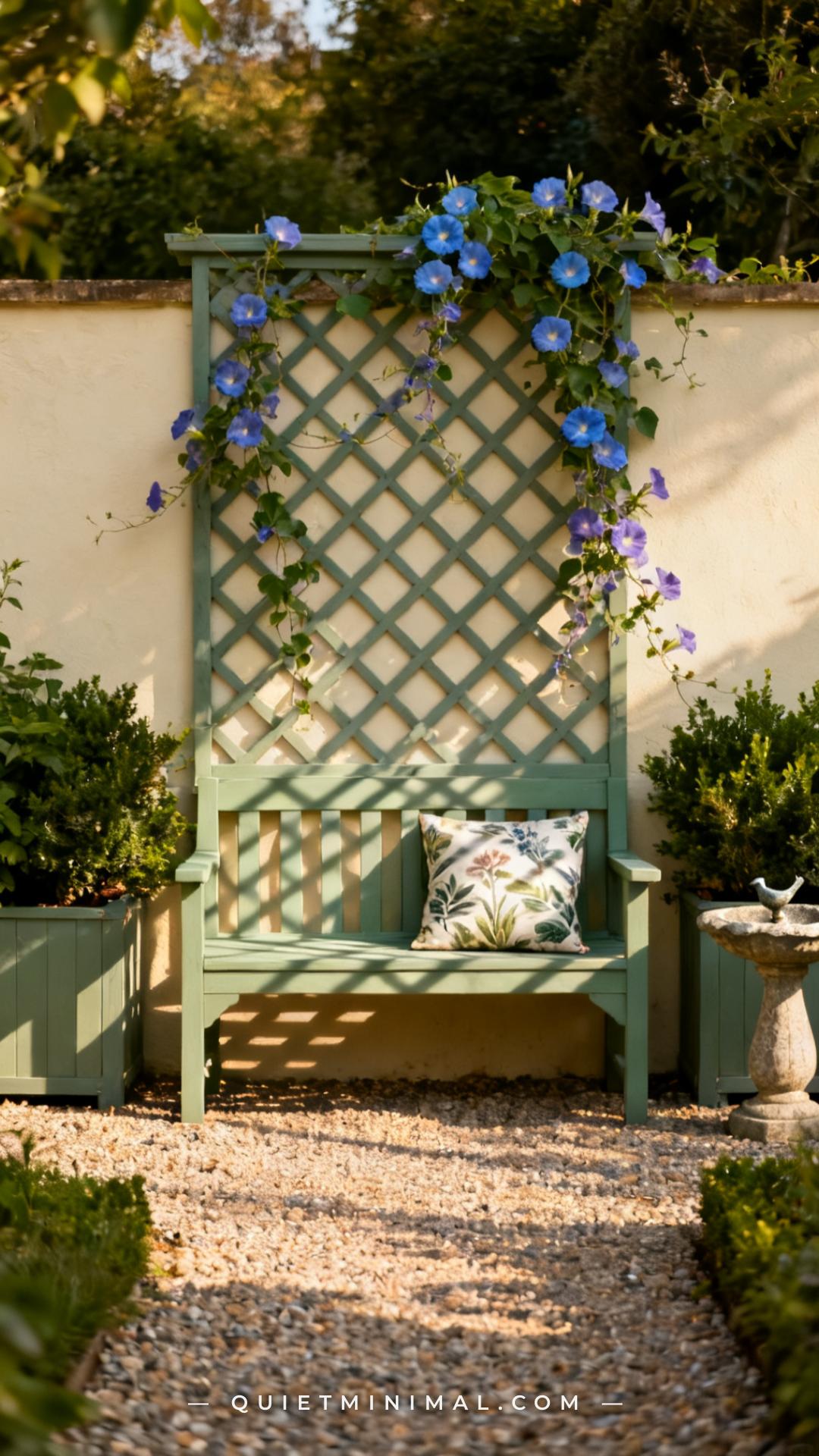 A vertical establishing shot of a painted wooden garden bench in a muted sage green finish with a diamond lattice trelli