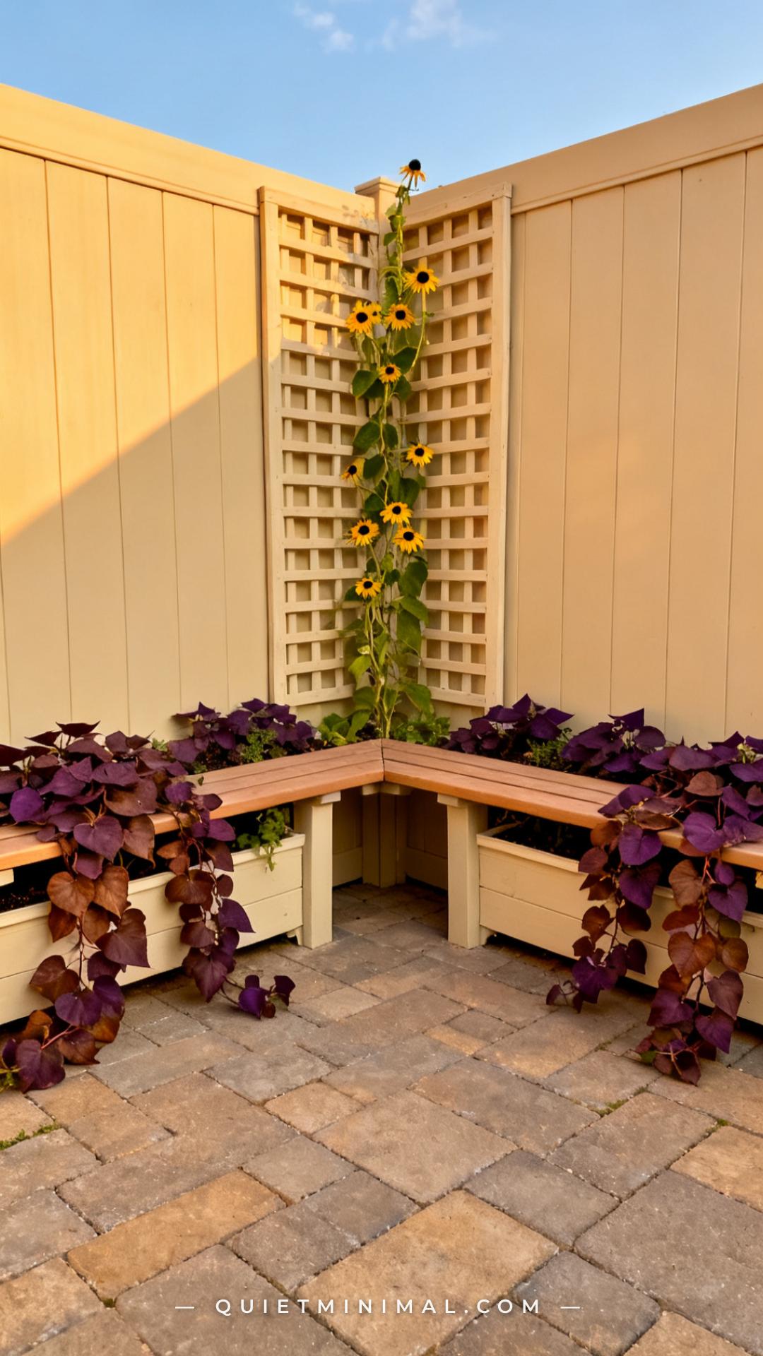 A wide-angle vertical photograph captures a corner garden bench arrangement — two bench sections meeting at a right angl