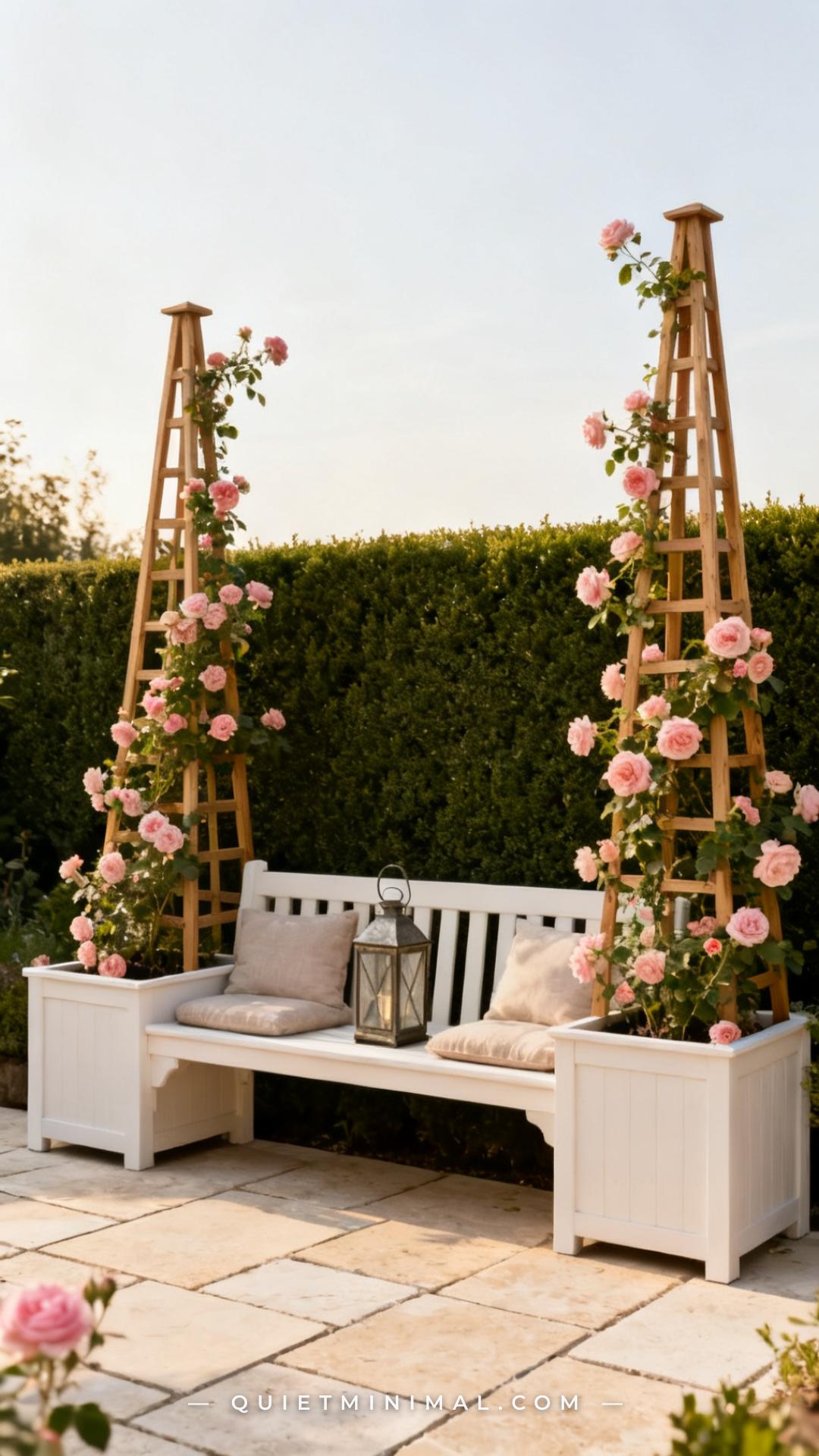 An establishing vertical photograph of a wide outdoor bench with extra-deep raised planter boxes on each end