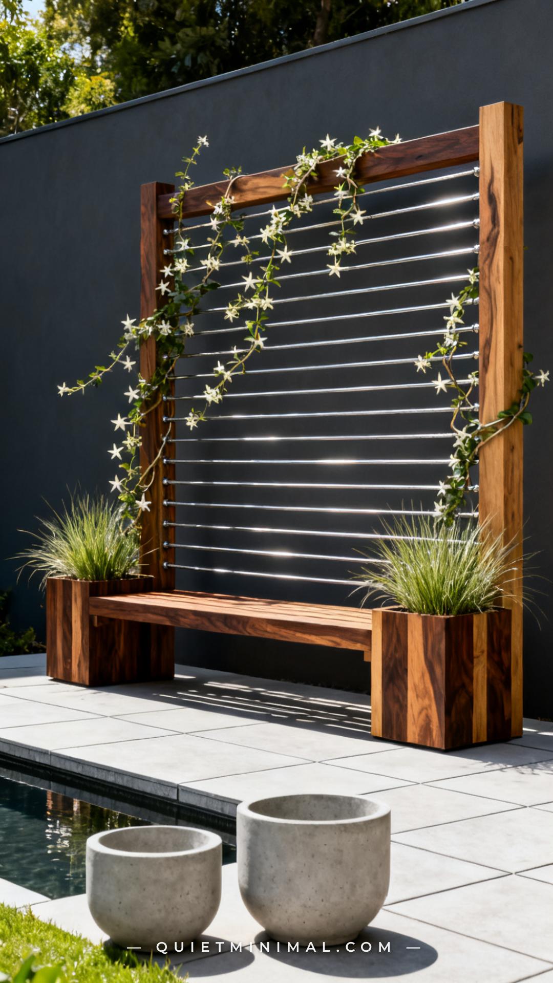 A wide vertical photograph of a contemporary garden bench in dark teak or ipe hardwood with a sleek trellis back made fr