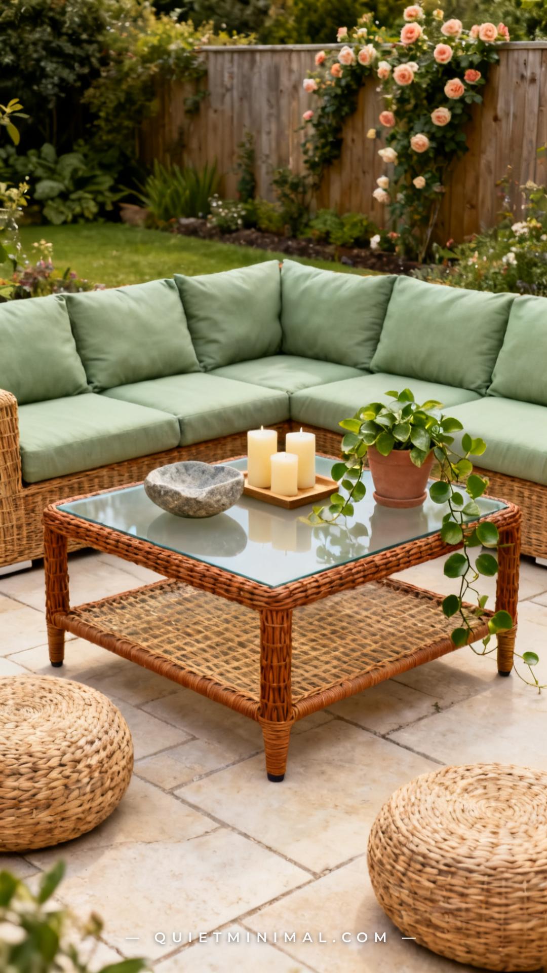 A vertical wide-angle photograph of a garden lounge area centered on a low synthetic rattan coffee table in a warm caram