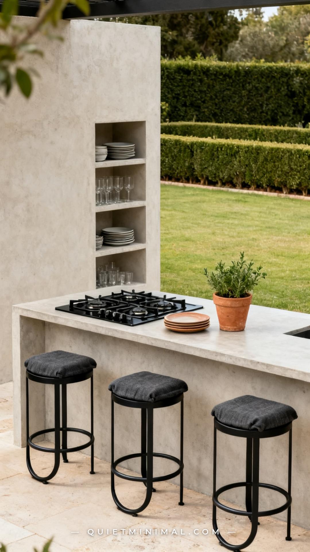 A vertical wide-angle photograph of an outdoor kitchen or alfresco bar counter in pale concrete render