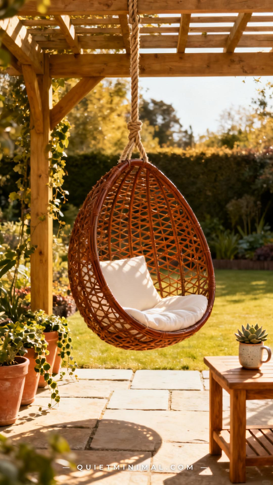 A vertical establishing shot of a garden pergola or timber frame structure with a hanging rattan egg chair suspended fro