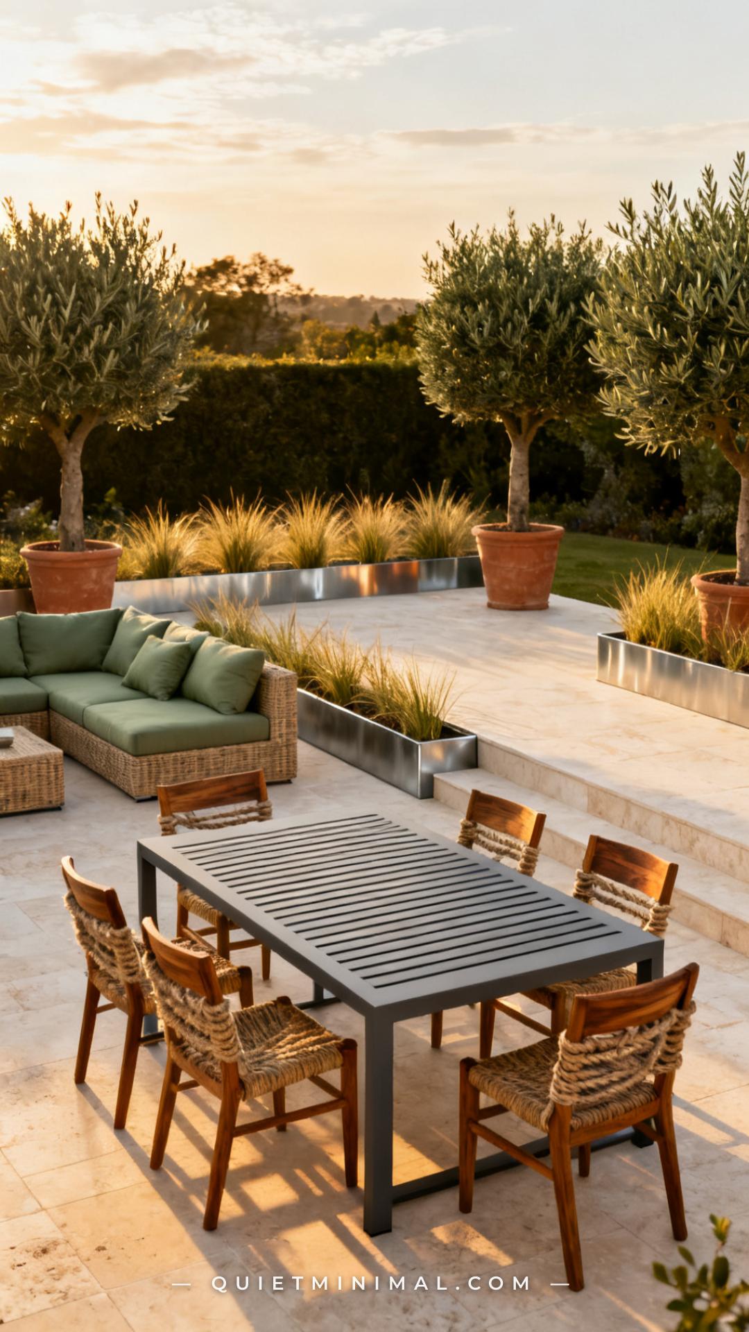 A wide vertical photograph captures a complete garden entertaining space that intentionally combines all three materials