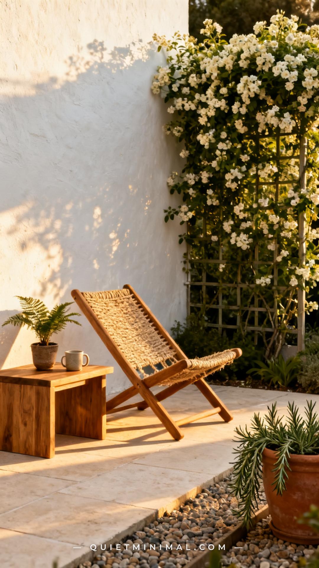 A vertical establishing shot of a garden corner positioned next to a white-rendered wall