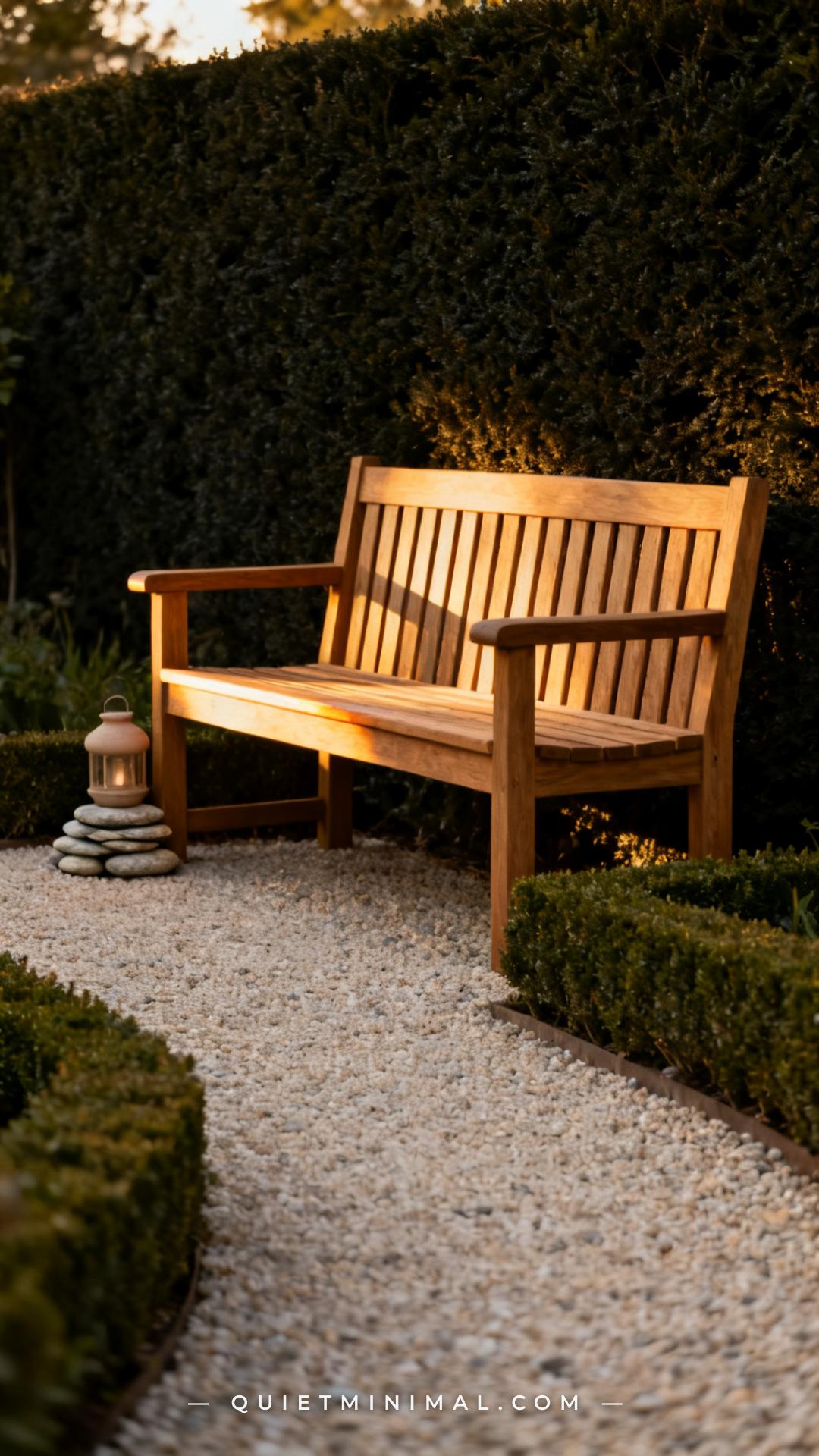 A medium-wide vertical photograph of a garden path edged by low box hedging