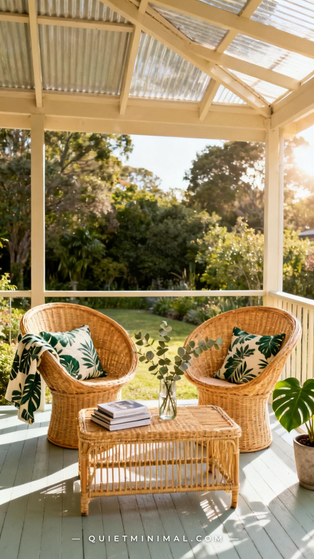 A vertical establishing shot of a sheltered garden veranda or outdoor room