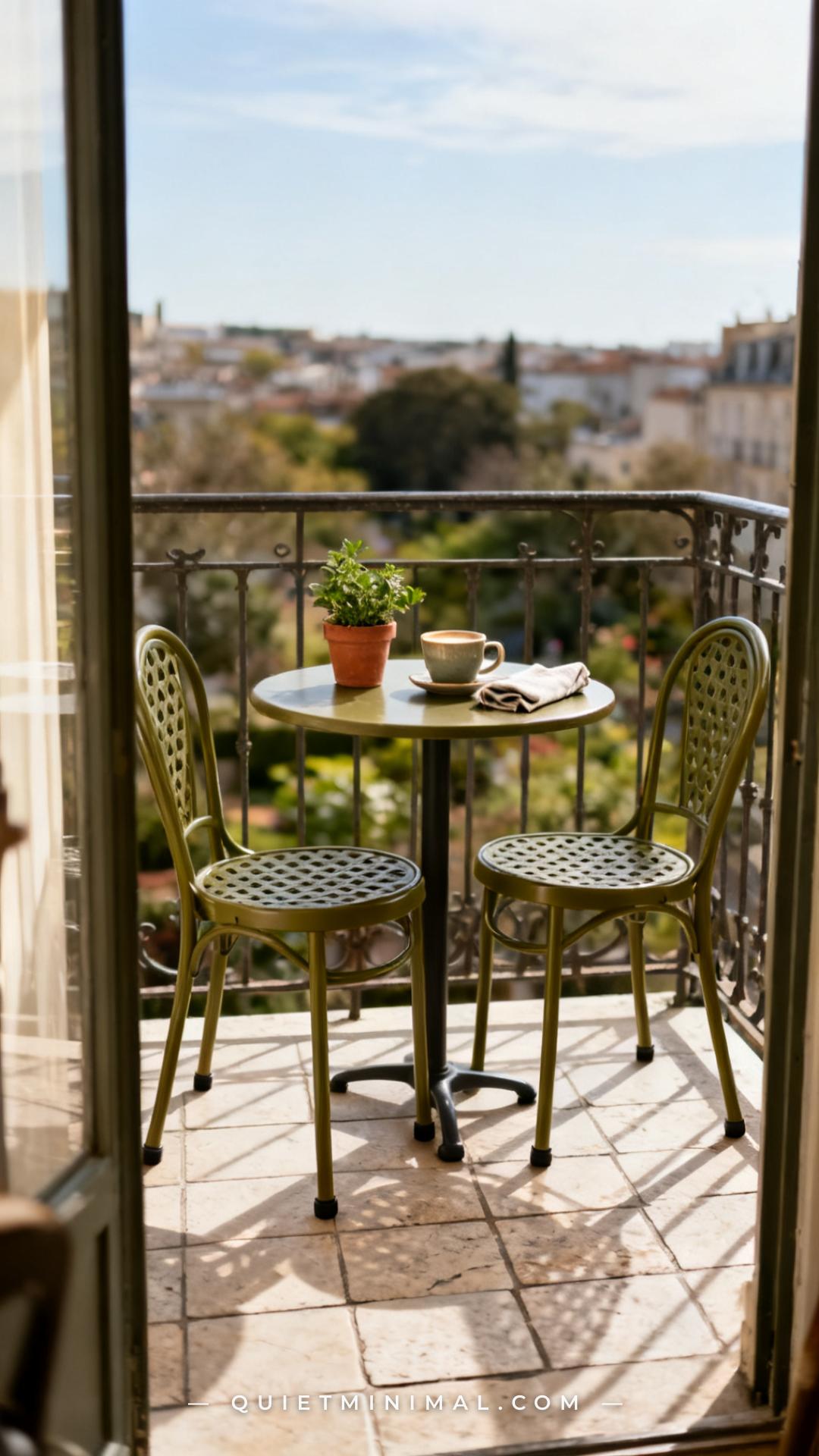 A vertical medium-wide photograph of a compact urban balcony with a small round café table and two powder-coated steel b