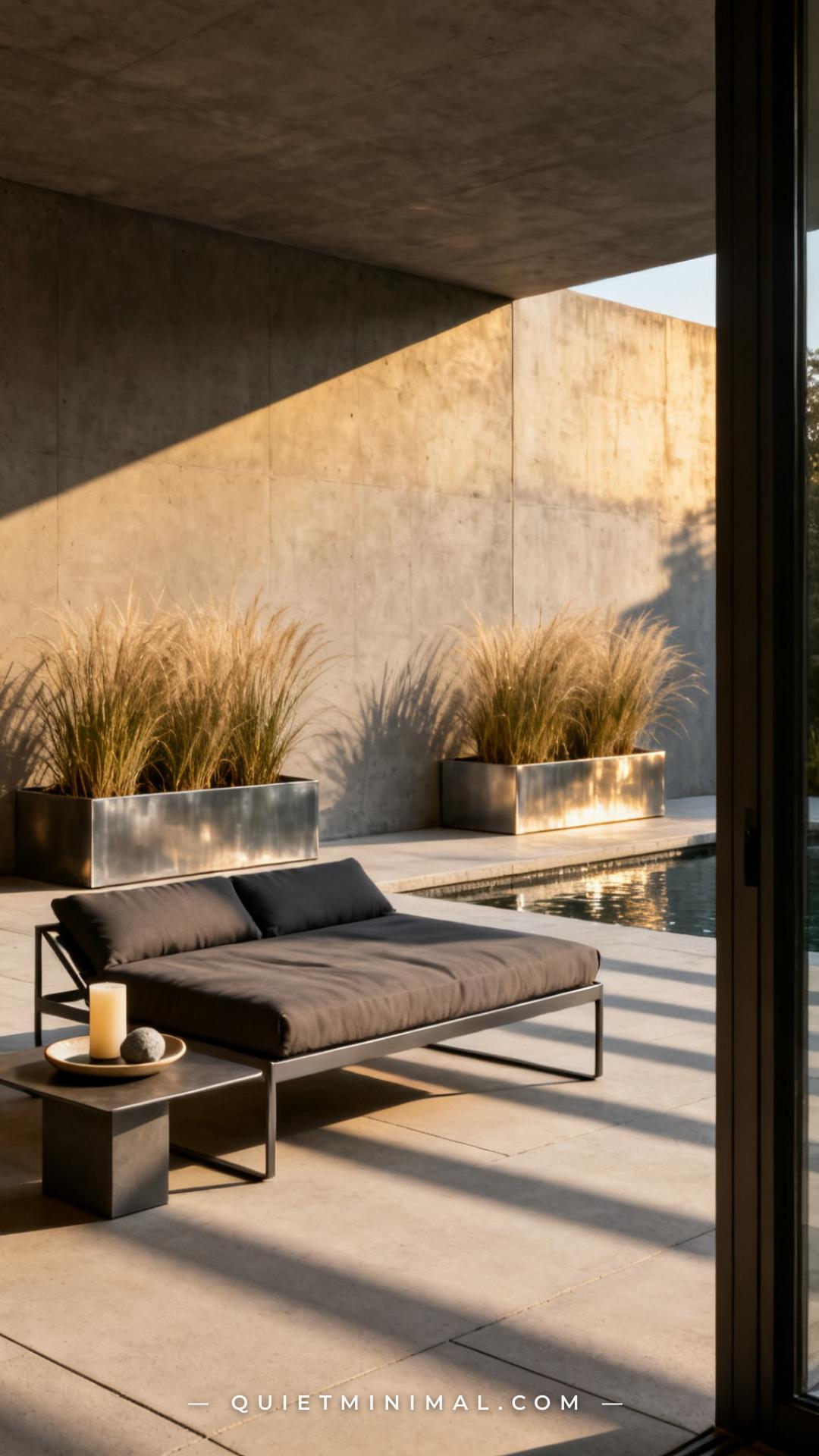 A vertical wide-angle photograph of a modern garden terrace featuring a powder-coated steel daybed in matte charcoal wit
