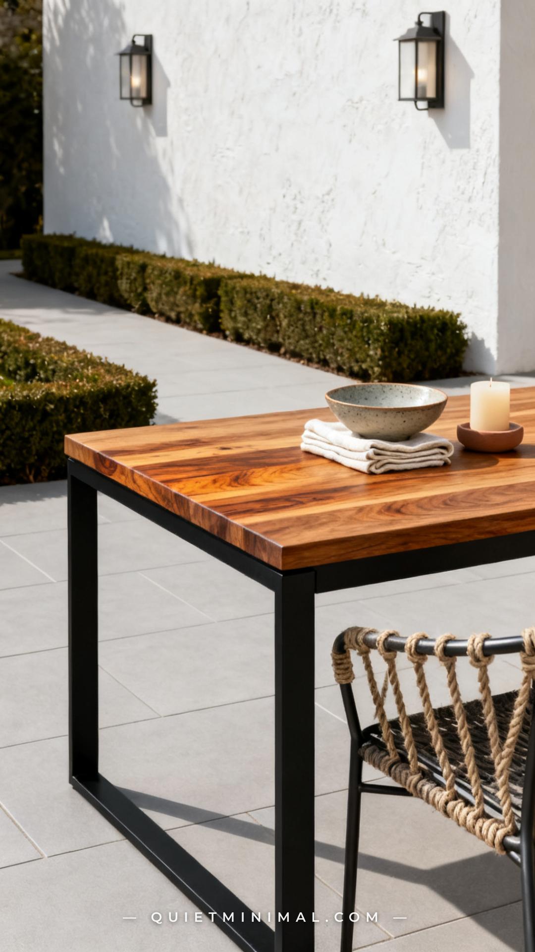 A wide vertical photograph shows an outdoor dining or side table featuring a solid teak tabletop mounted on a clean matt