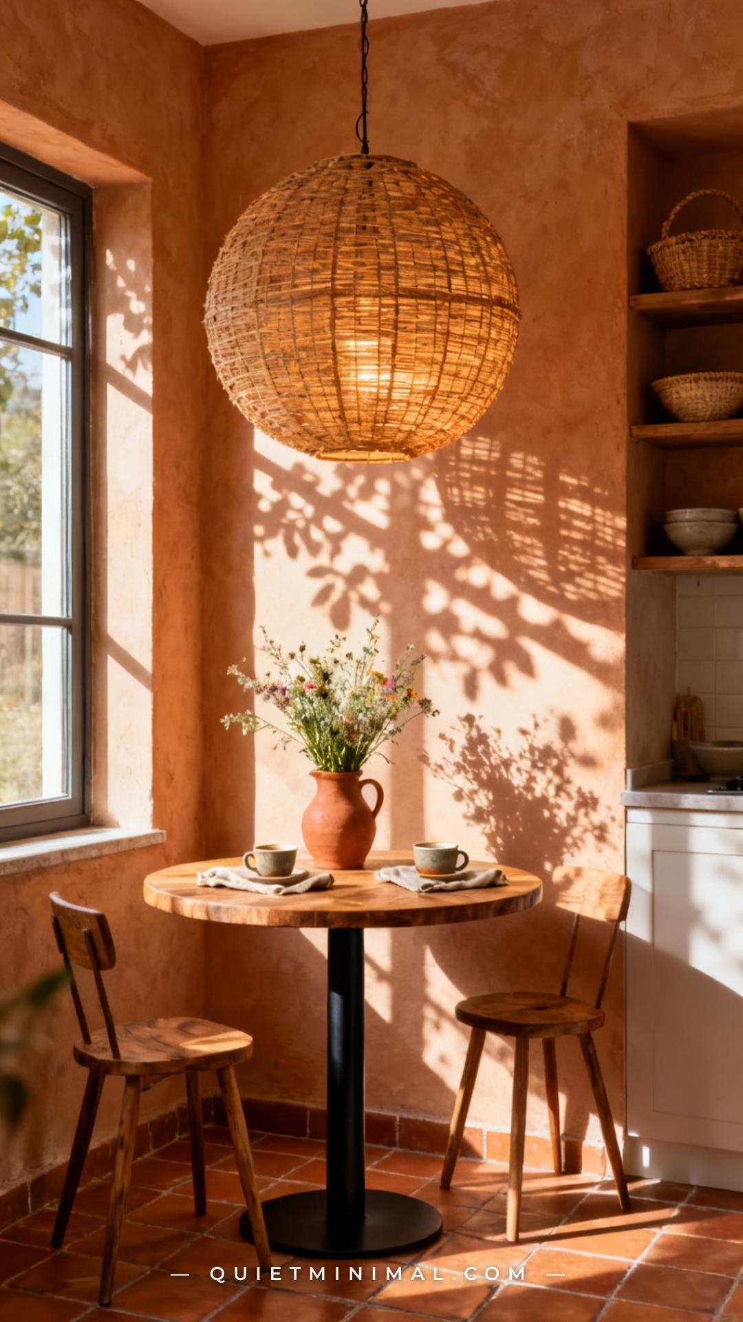 A vertical photograph captures a wide view of a bright earthy kitchen with a single large rattan globe pendant hanging a
