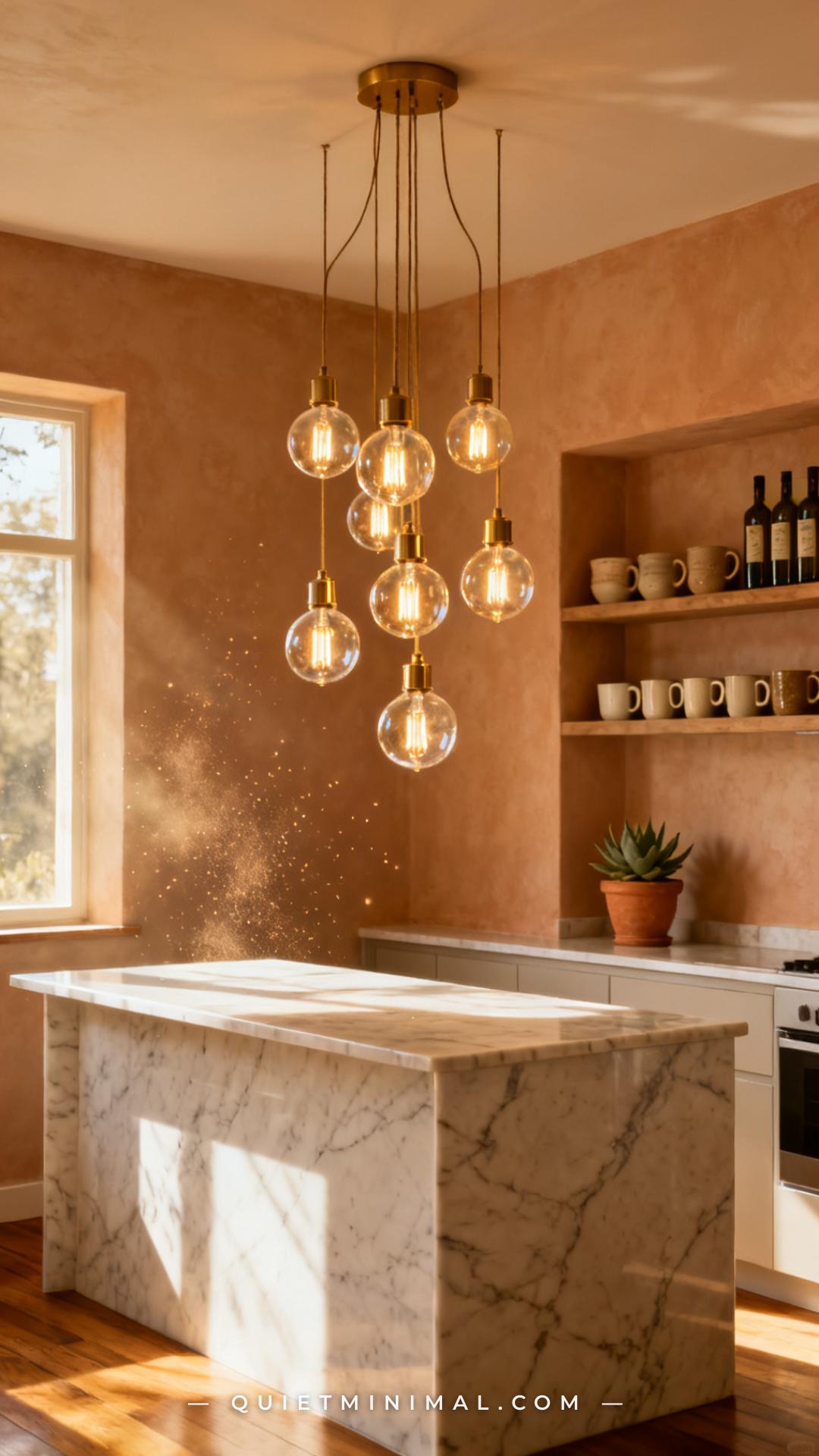 An establishing wide shot captures a warm kitchen peninsula scene with a cluster of seven mini globe pendants hanging at