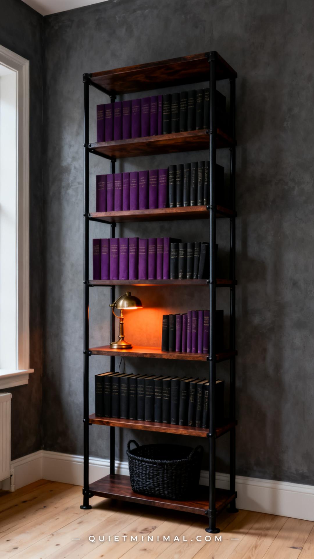 A wide establishing shot of a tall five-tier industrial bookshelf with a matte black metal frame and dark walnut wood sh