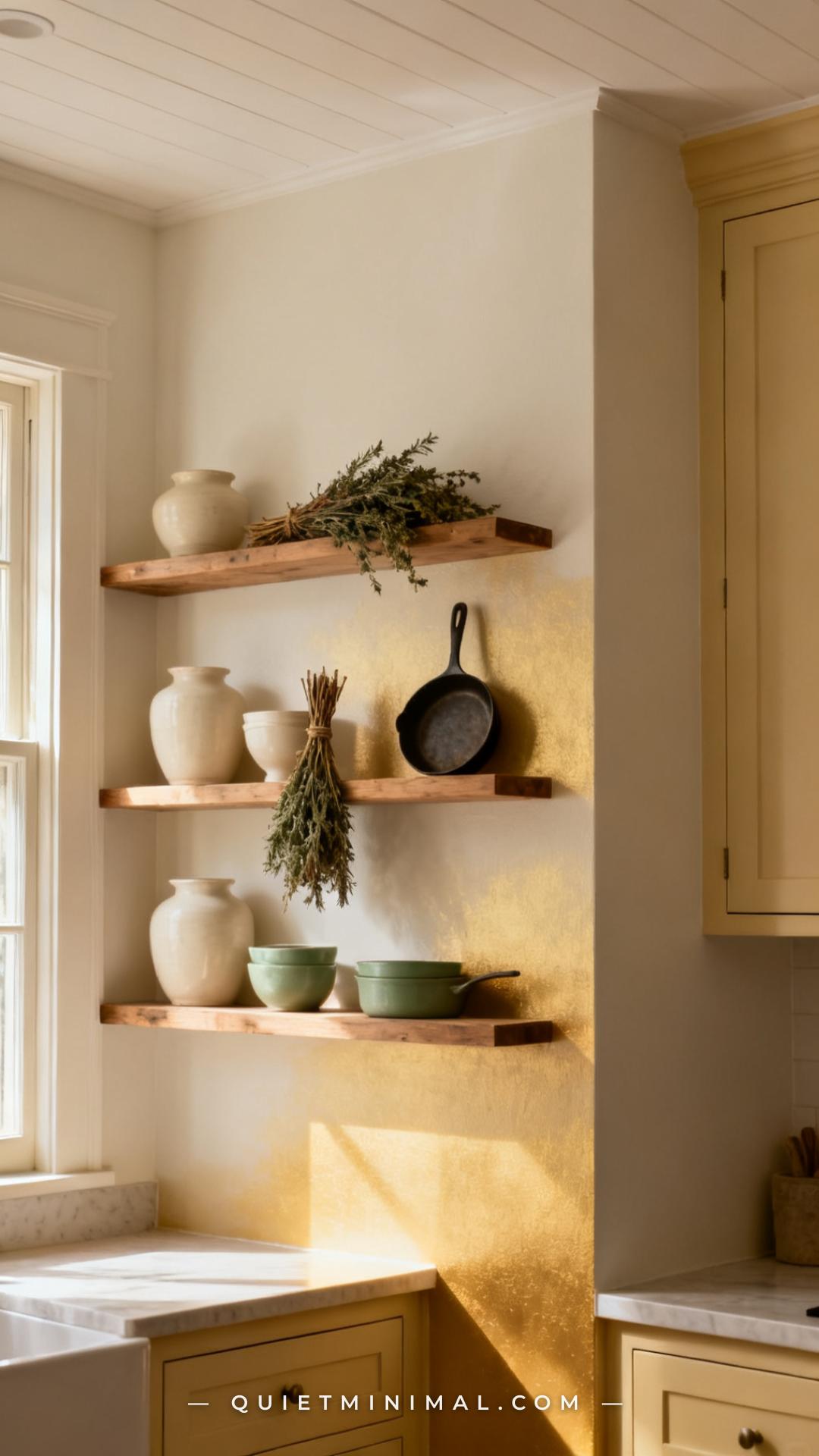 A medium-wide vertical photograph of a kitchen wall painted in a warm