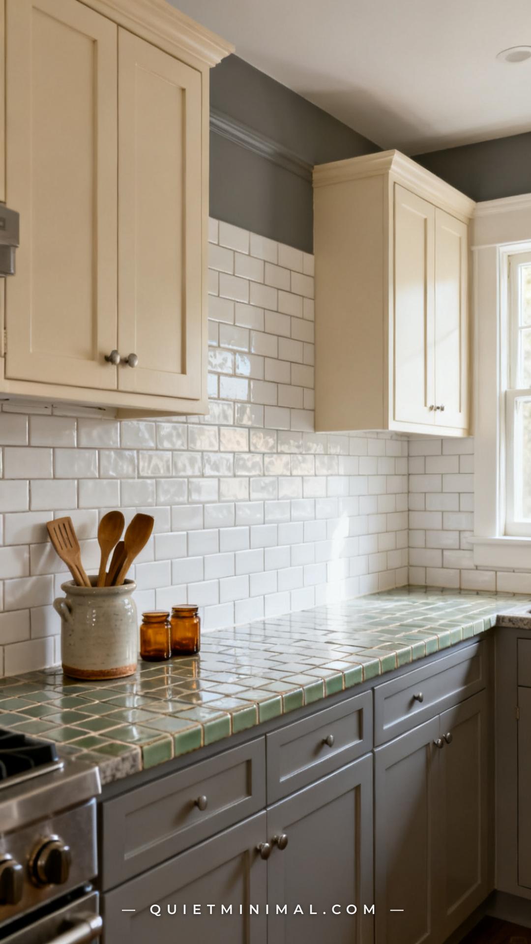 A wide vertical photograph of a kitchen backsplash showing classic white subway tile with warm gray or sage-tinted grout