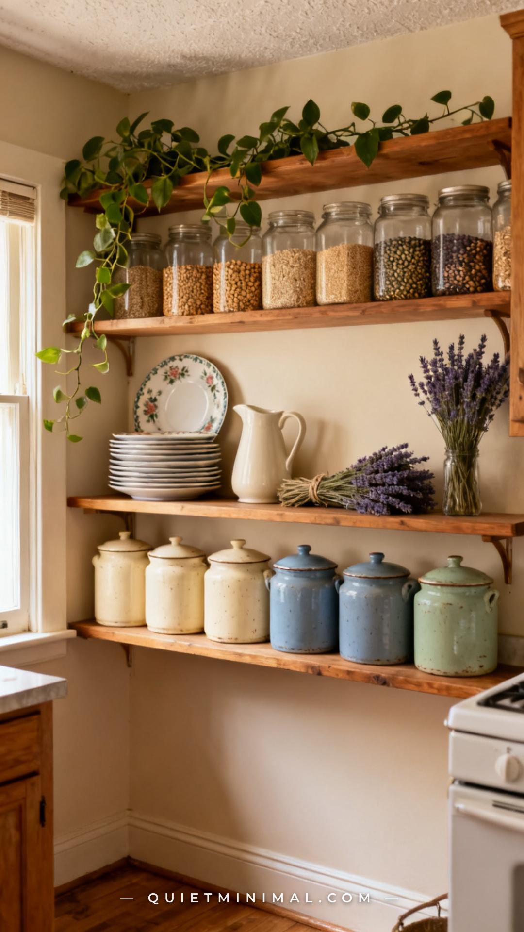A vertical establishing shot of a full open-shelving wall in a grandma core kitchen