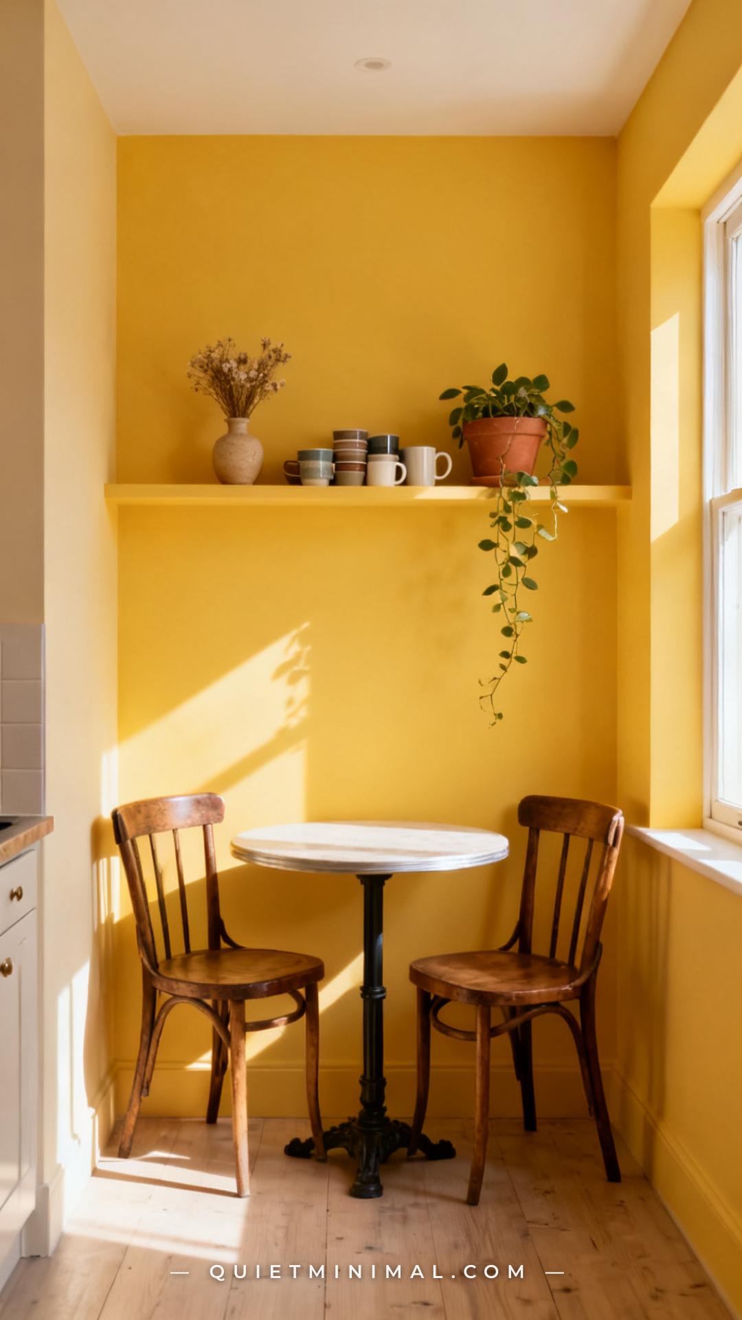 A wide vertical photograph of a kitchen nook with a butter-yellow painted accent wall behind a small round bistro table