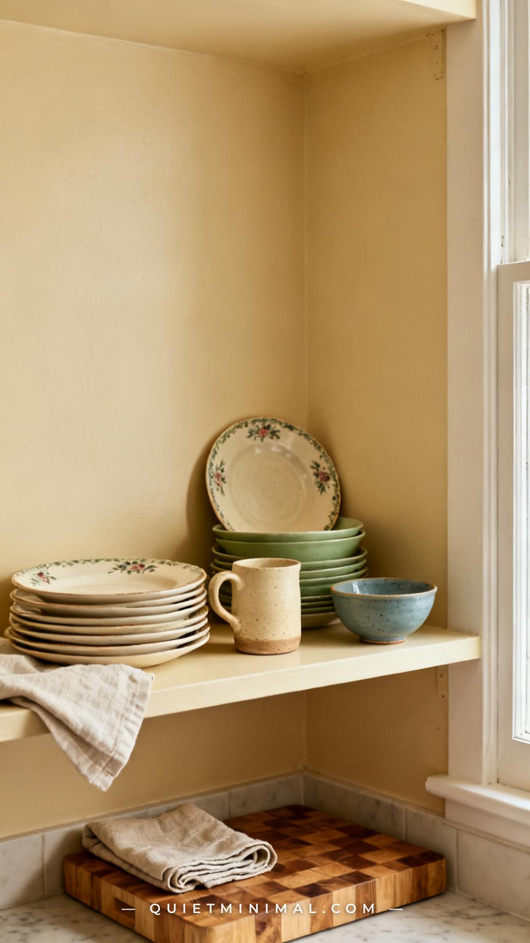 A medium-wide vertical photograph of a kitchen open shelf showing a curated arrangement of mismatched vintage-style cera