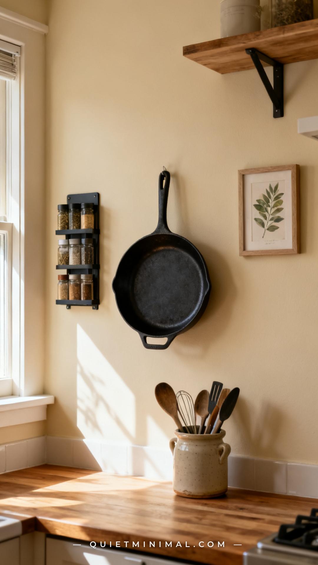 A medium-wide vertical photograph of a kitchen wall with a matte black cast iron skillet hanging on a simple hook beside