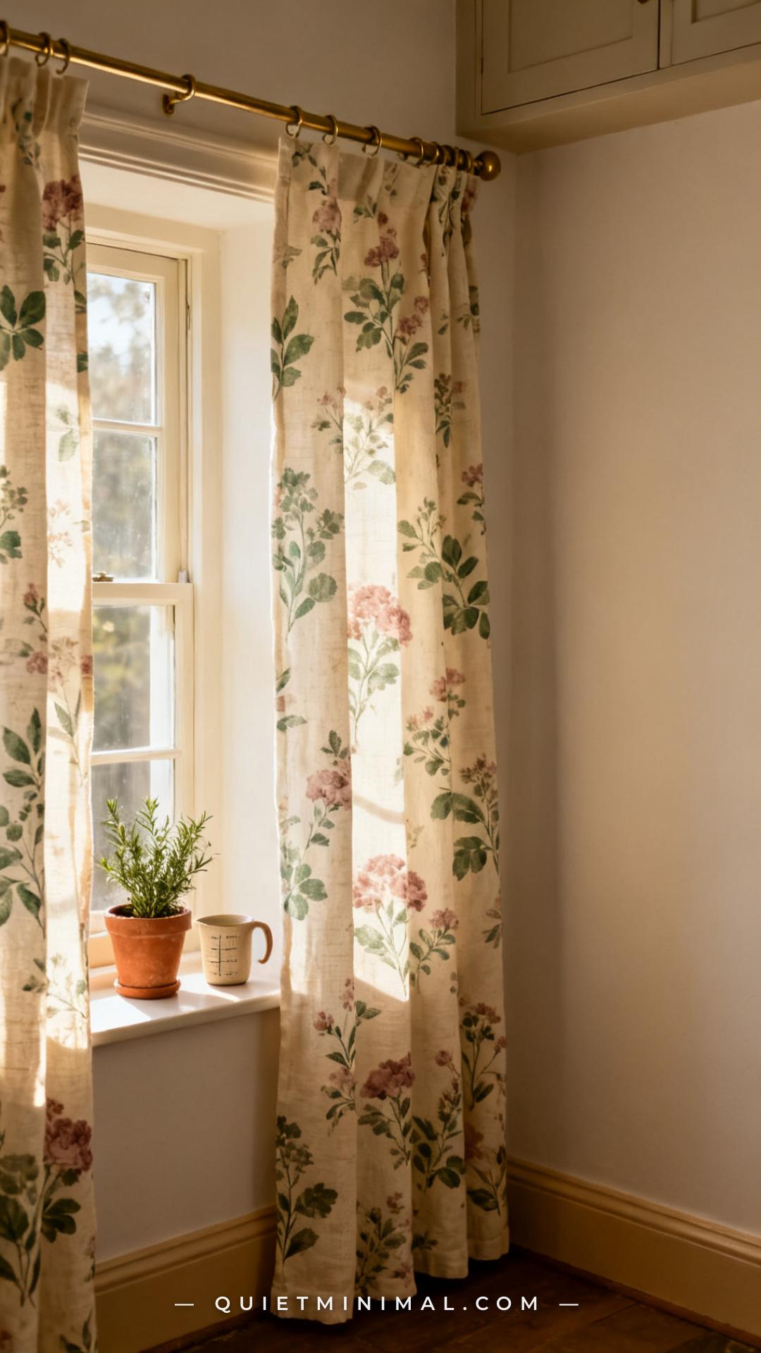 A vertical photograph of a kitchen window with a set of linen curtains in a muted vintage floral print — cream backgroun