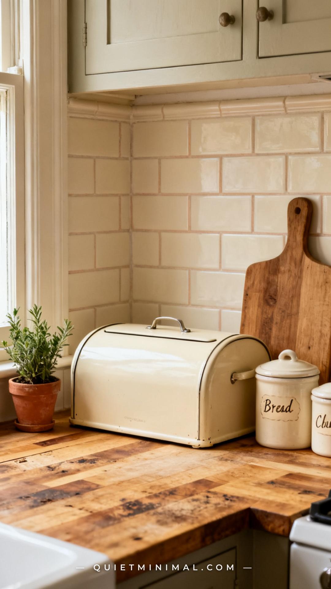 A medium-wide vertical photograph of a kitchen countertop showing a vintage-style cream enamel bread box as the anchor p