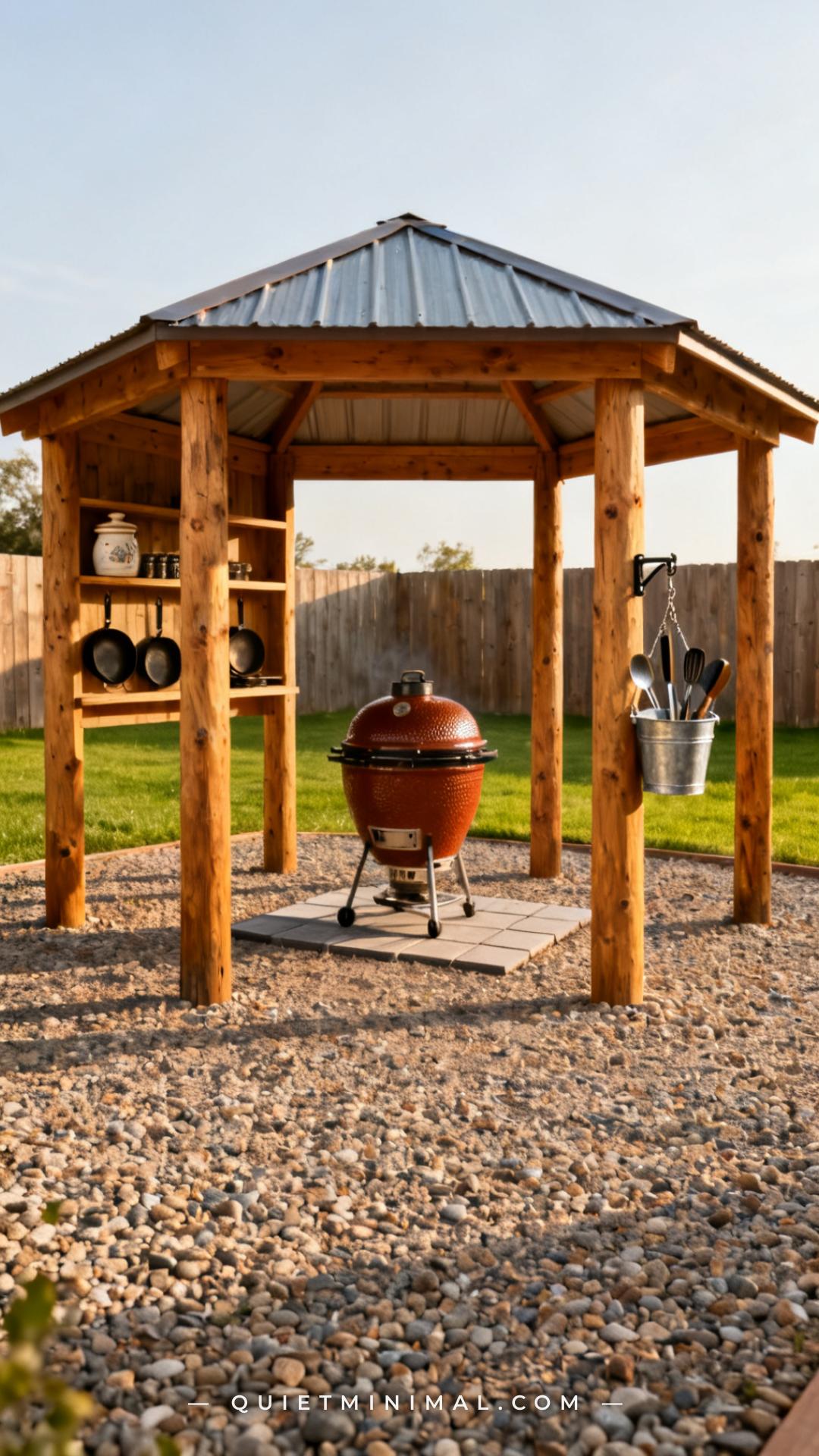A wide-angle vertical photograph establishes a rustic open-air backyard pavilion built with four thick cedar posts suppo