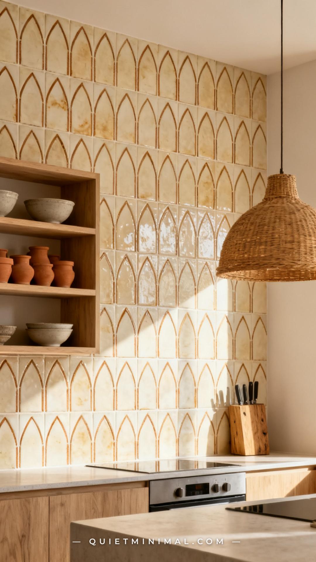 A wide vertical photograph establishes a kitchen backsplash tiled in elongated arabesque-shaped ceramic tiles in a warm
