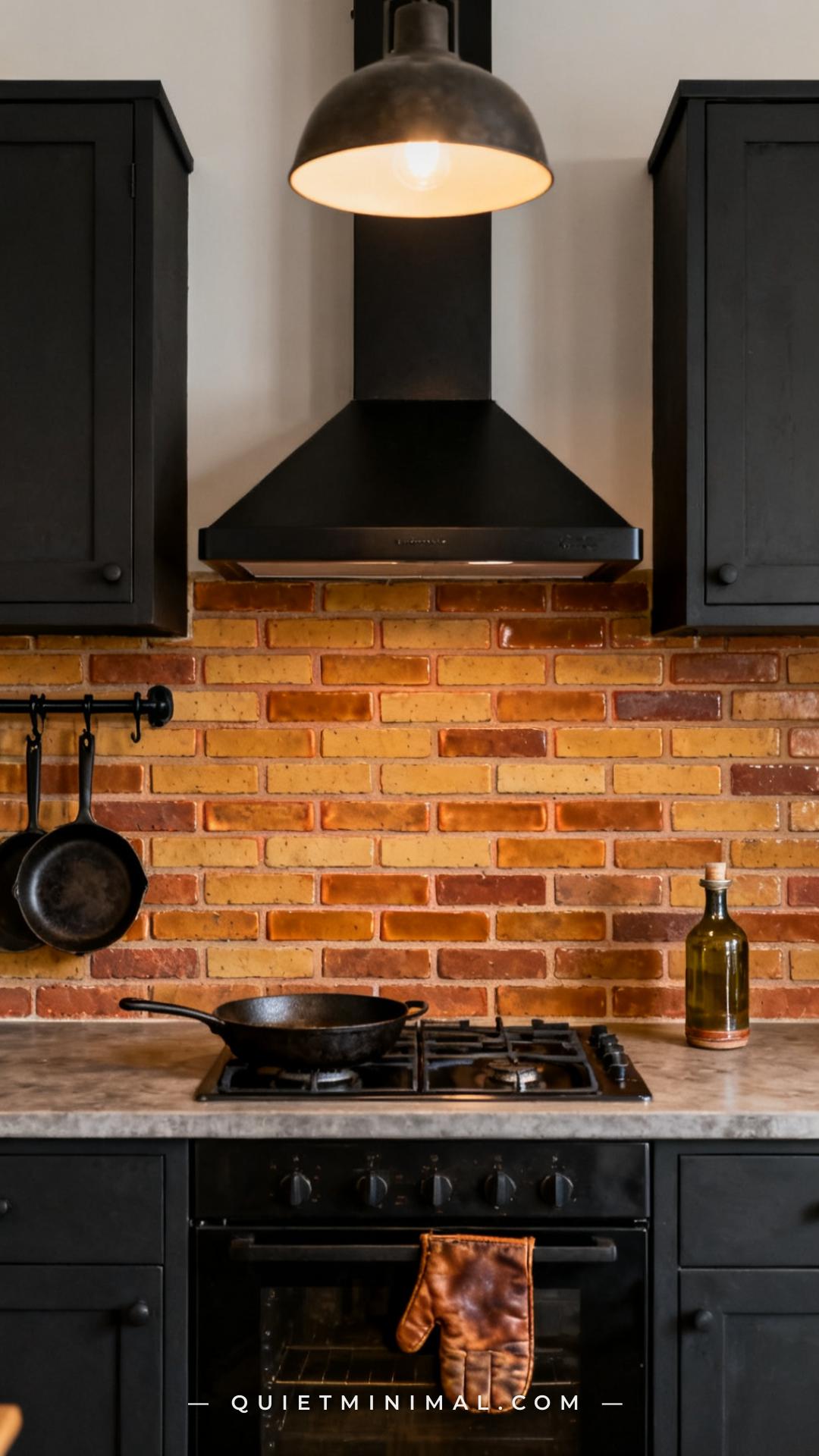 A wide-angle vertical photograph frames the full backsplash zone of an industrial-modern kitchen tiled in thin-brick-for