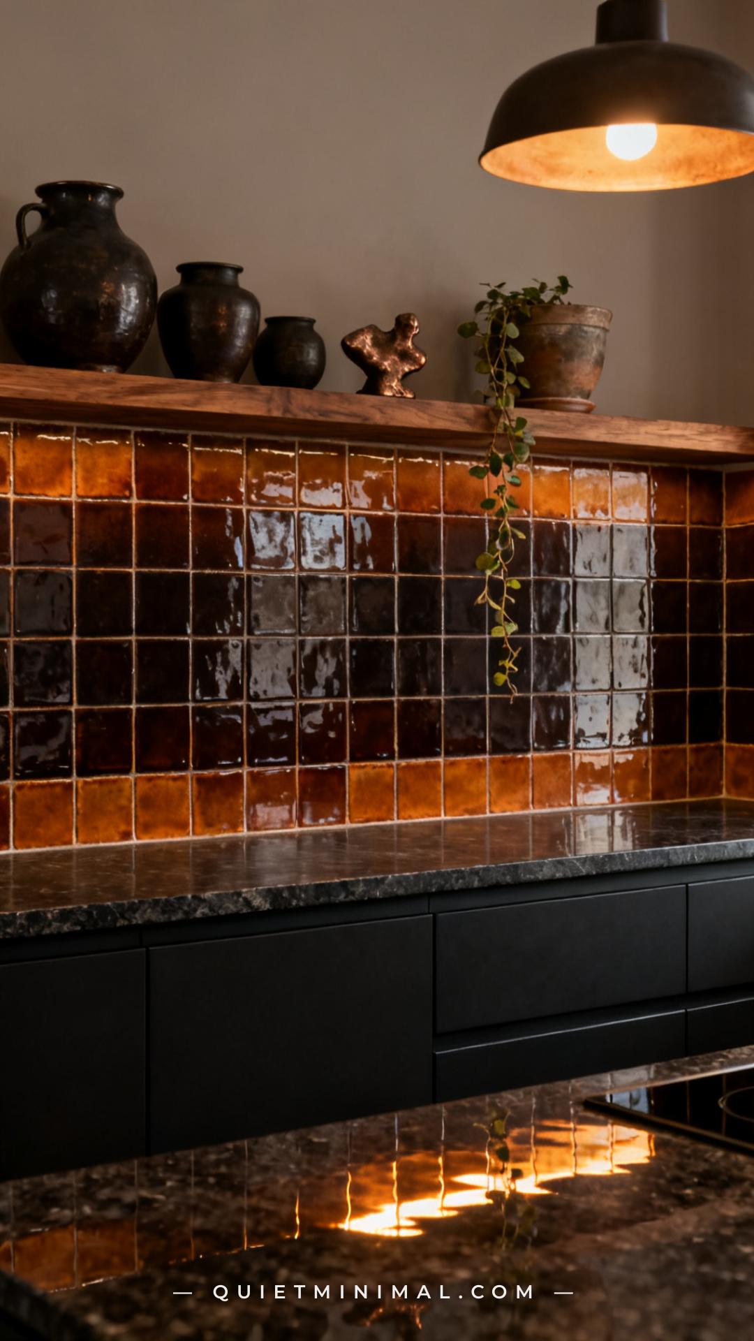 A wide vertical photograph captures the full backsplash wall of a moody kitchen tiled in handmade-look glossy ceramic in