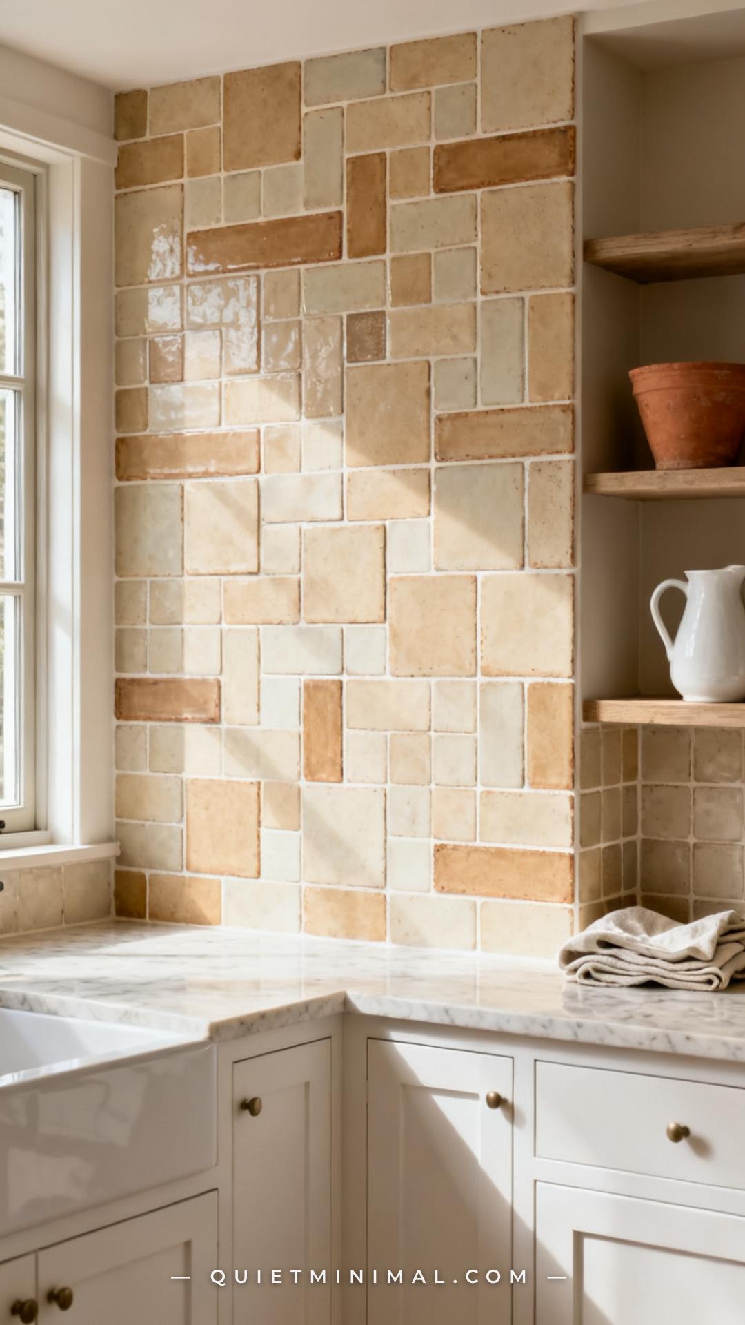 A wide establishing shot captures a kitchen feature wall with a mixed-format handmade ceramic tile installation — a comb