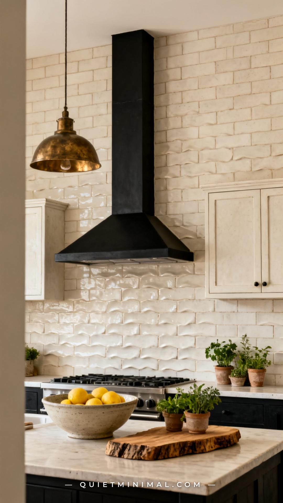 A wide vertical photograph establishes the full range wall of a modern kitchen