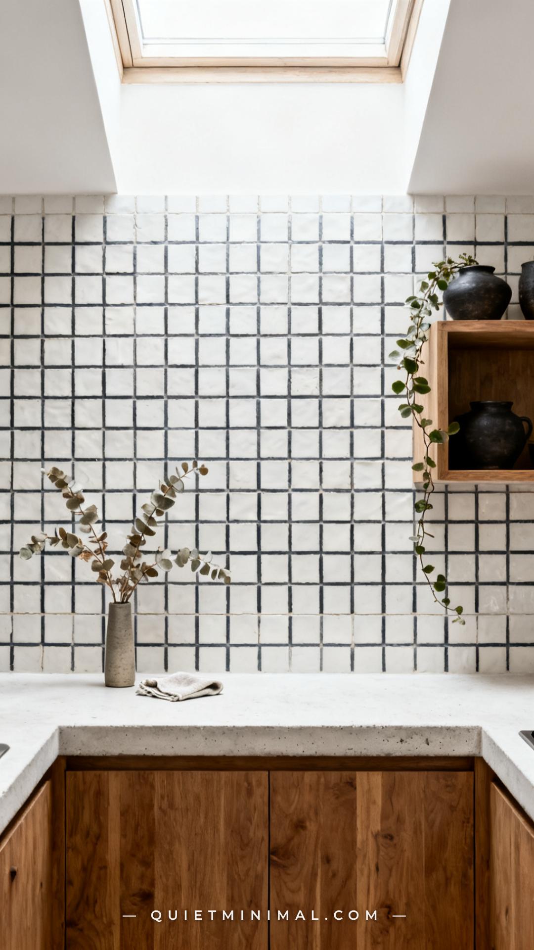 A wide-angle vertical photograph captures a kitchen backsplash of white handmade zellige tile installed with deliberatel