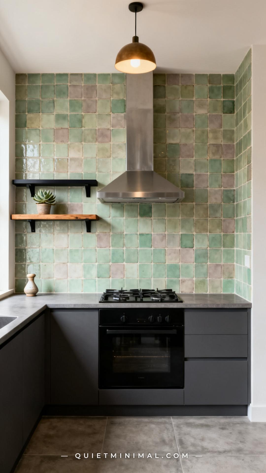 An establishing shot of a kitchen nook with a handmade ceramic backsplash tile in muted sage green covering the full wal