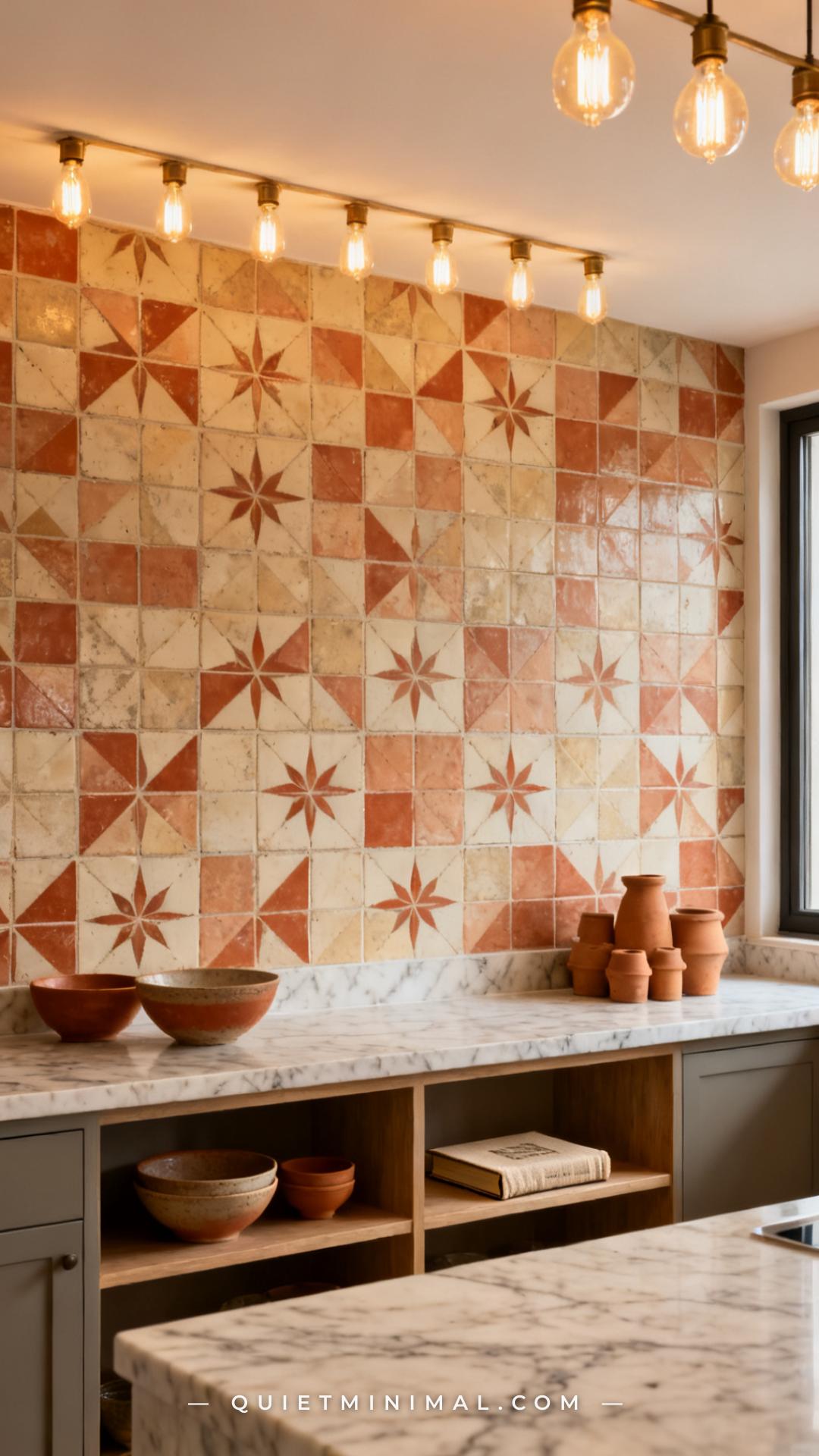 A vertical wide-angle photograph of a kitchen breakfast bar area with an encaustic cement tile backsplash featuring a su