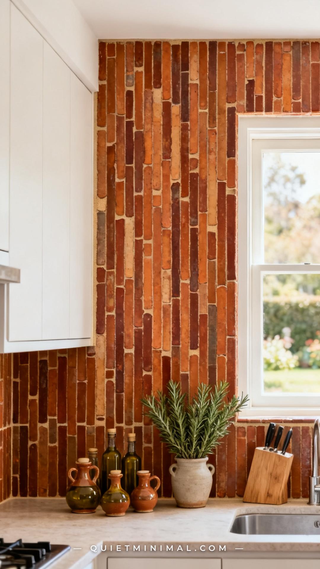 A wide vertical photograph captures a full kitchen wall tiled in irregular-edge terracotta ceramic tiles arranged in a v