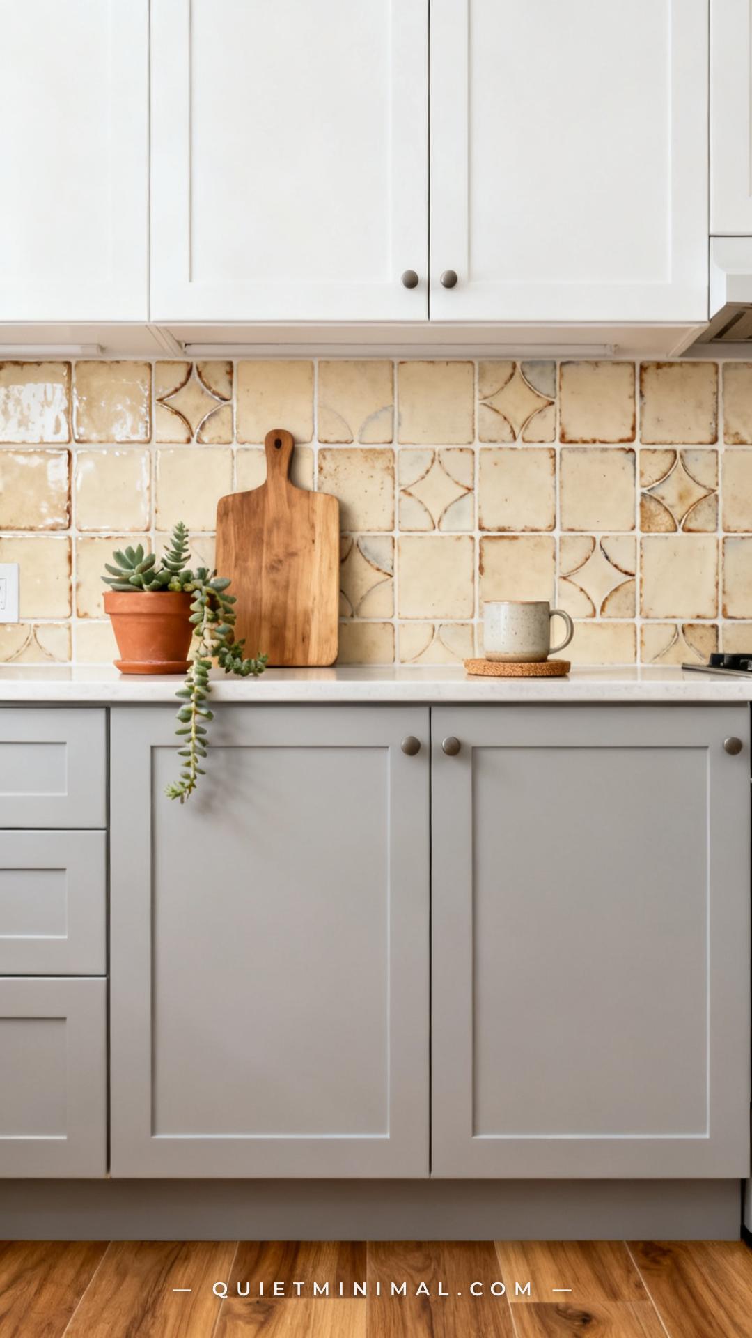 A medium-wide vertical photograph establishes a rental kitchen backsplash covered in peel-and-stick tile in a handmade-l