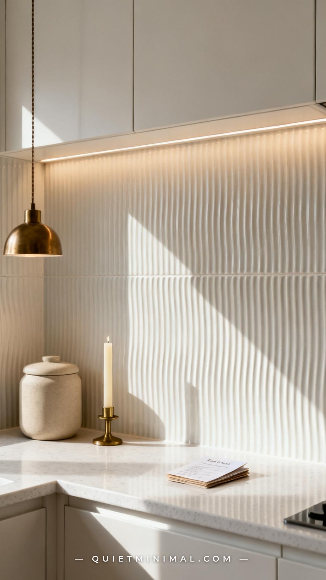 A wide vertical photograph captures a kitchen backsplash covered in vertically ribbed ceramic tile in a warm linen white